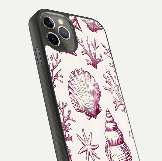 Pink Shells Outline Glass Case for iPhone 11 Pro Max side-angle image showing shine and intricate outline texture