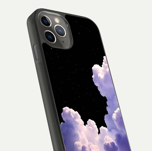 Starlit Night Whispers Glass Case for iPhone 11 Pro Max side-angle image showing reflection and night pattern shine