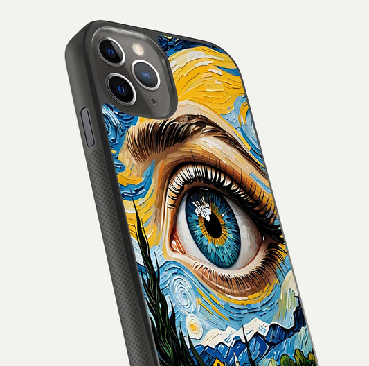 Van Gogh Eye Glass Case for iPhone 16 Pro side-angle image showing reflection, gloss, and artistic contrast