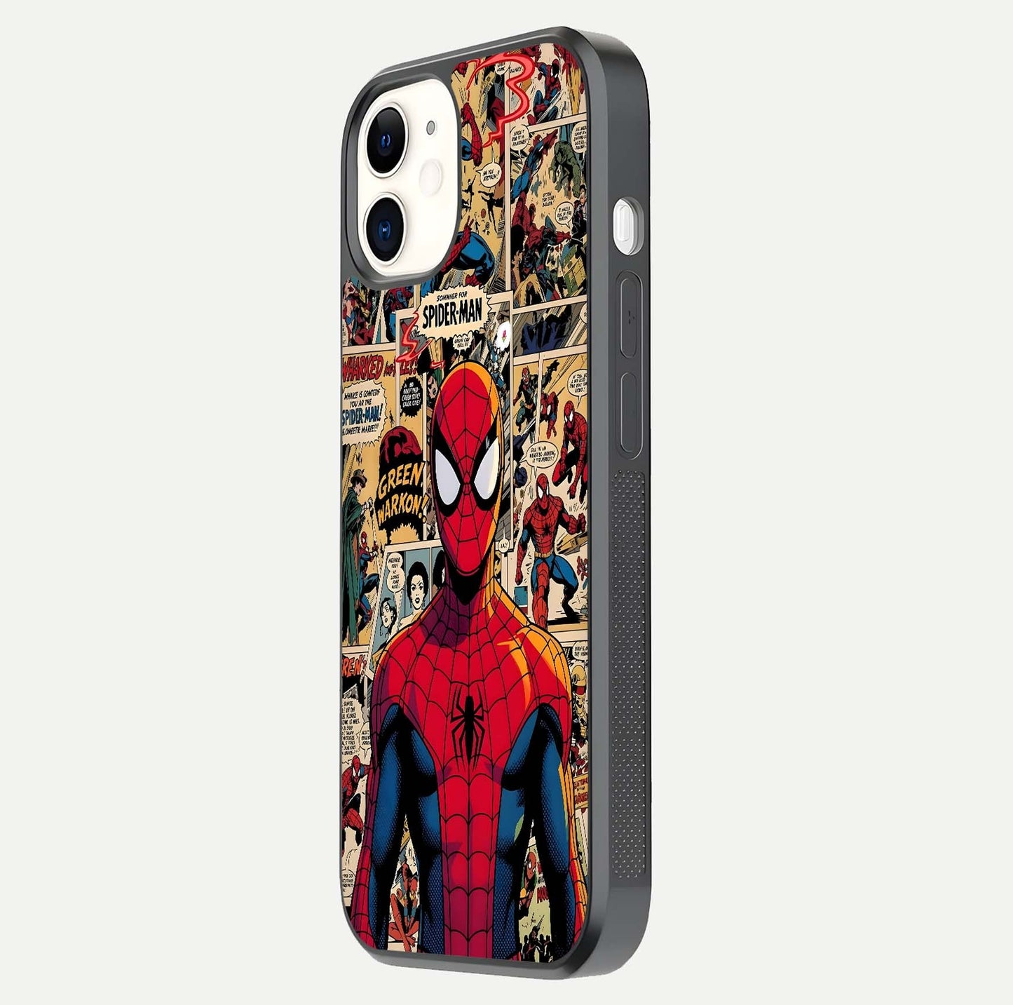 Aesthetic Spider Man Glass Case for iPhone 16 Pro side-angle image showing superhero comic print, camera module, and glossy finish reflection