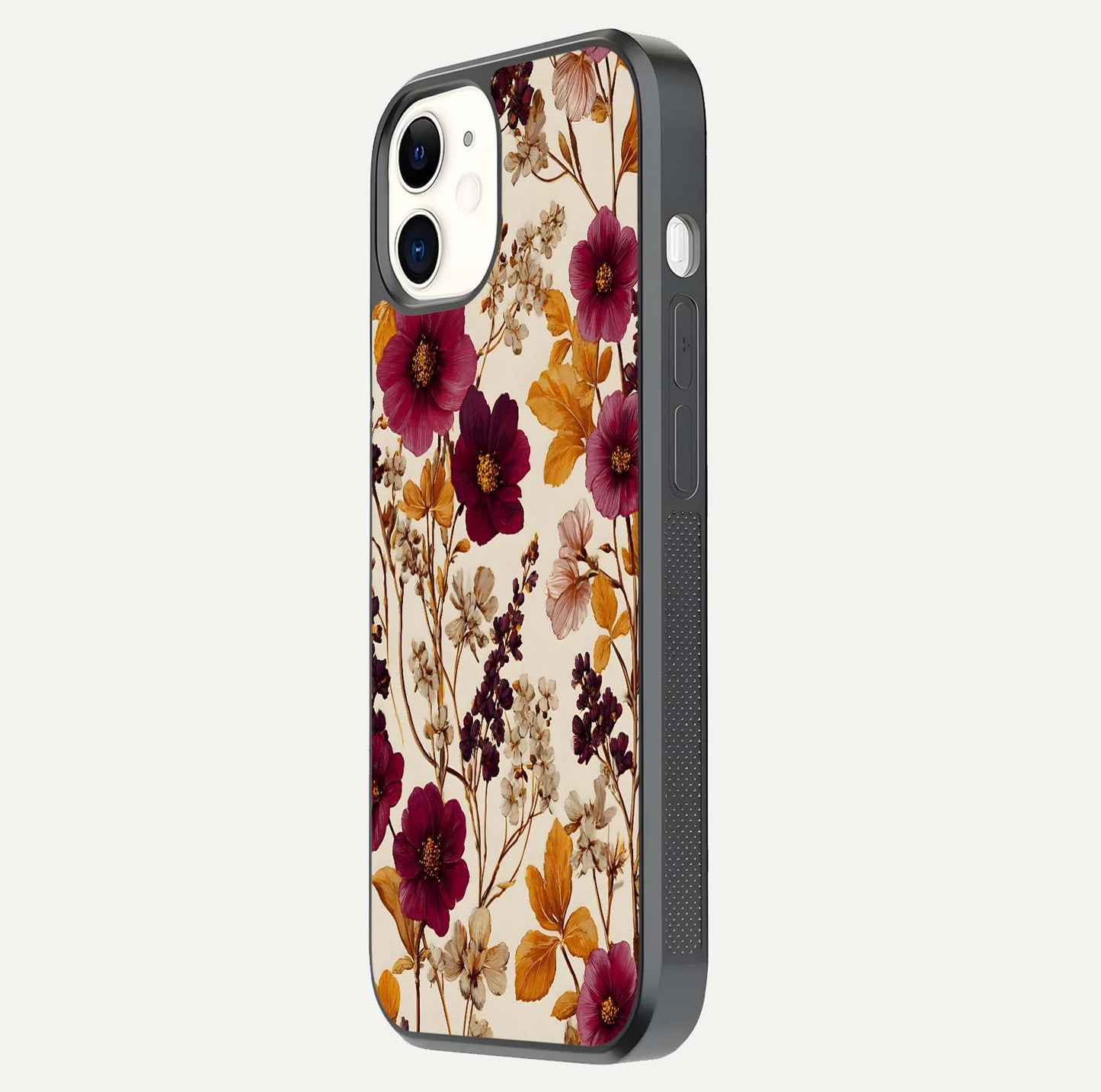Autumn Wine Bloom Glass Case for iphone-12 side-angle showcasing floral design, texture gloss, and camera frame
