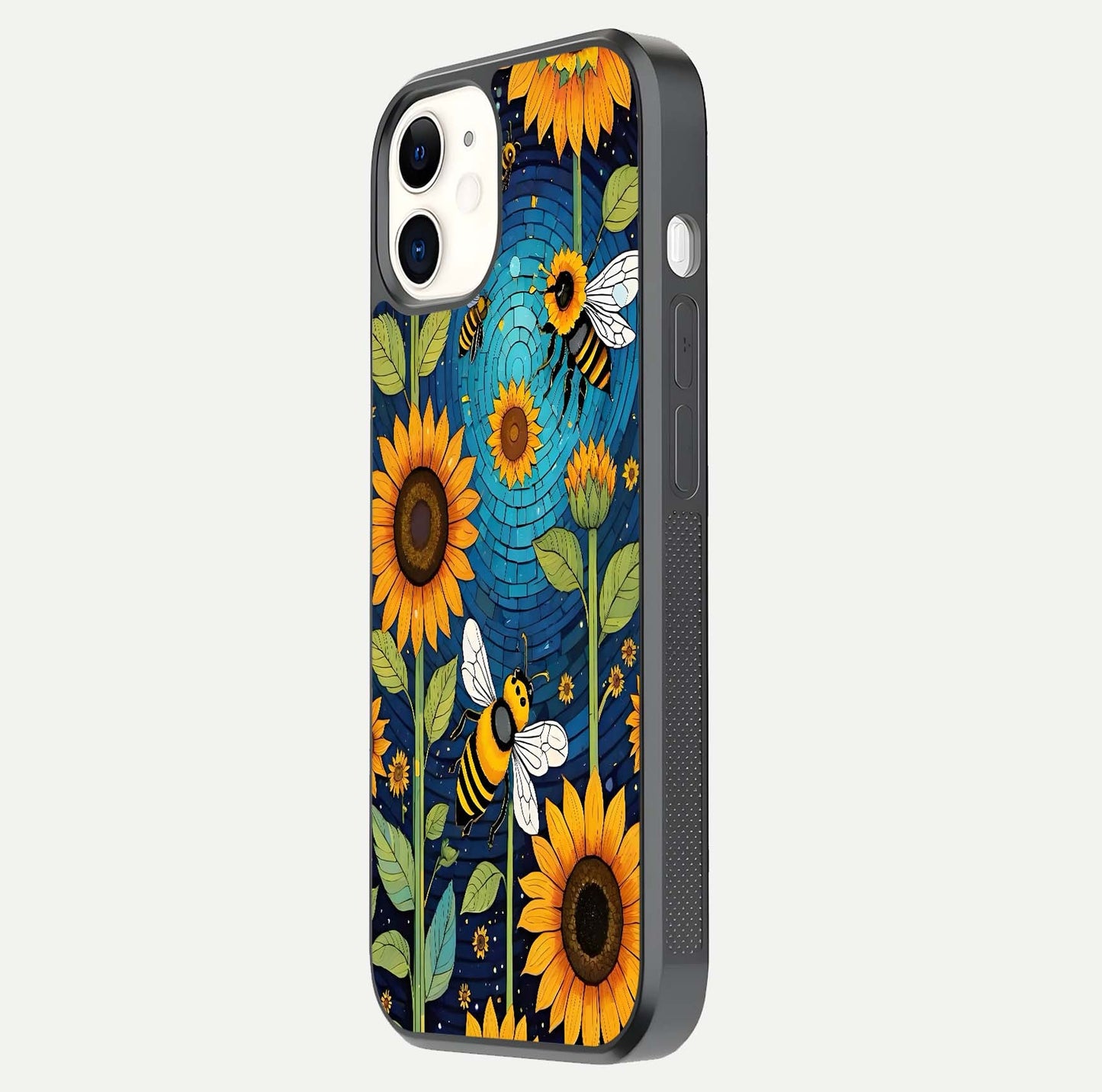 Bees & Sunflowers Glass Case for iPhone 16 Pro side-angle image showing bee pattern alignment and shiny protective surface
