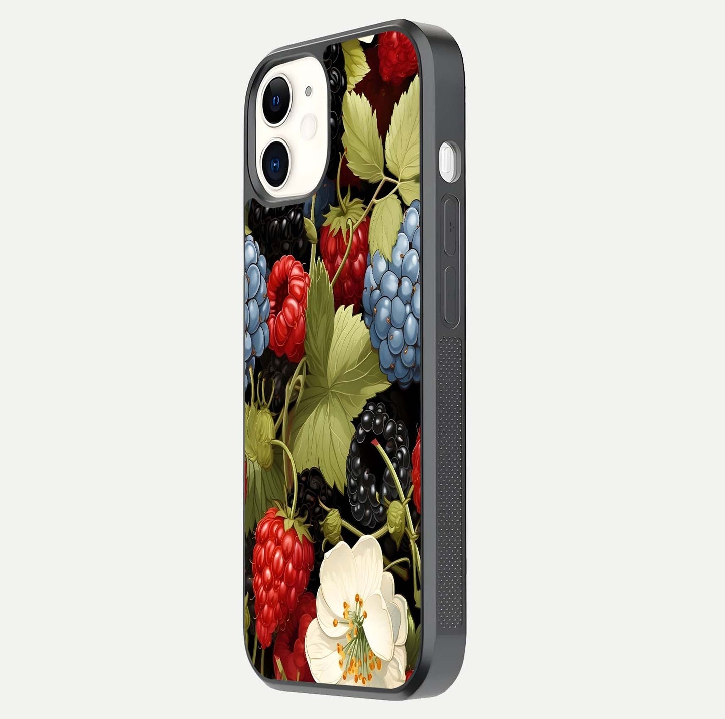 Berry Bloom Charm Glass Case for iPhone 16 Pro side-angle image showing floral texture and high-definition print gloss