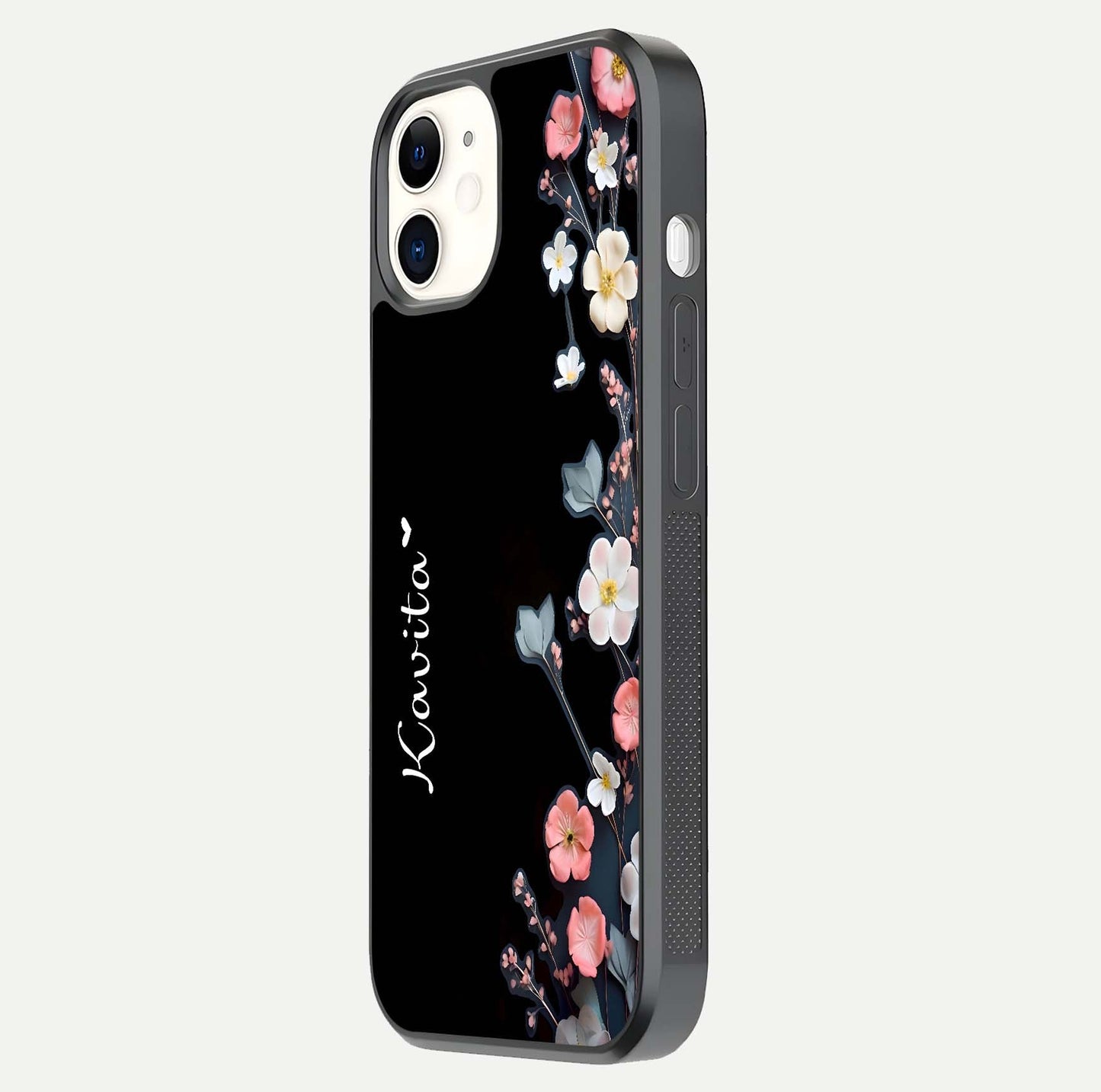 Black Elegance Floral Custom Name Glass Case for iPhone 16 Pro side-angle showing black gloss depth and delicate print texture