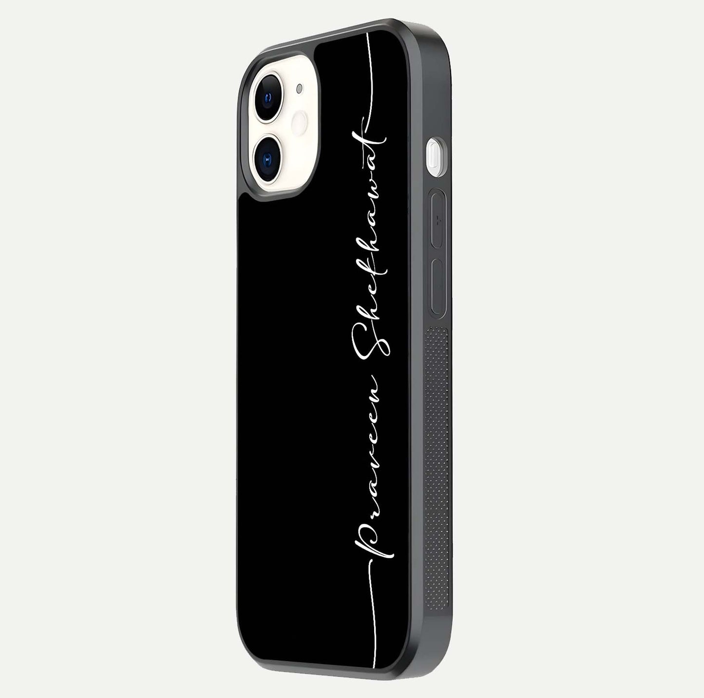 Black Tune Custom Name Glass Case for iPhone 12 Mini side-angle photo showing mirror-like surface and slim profile