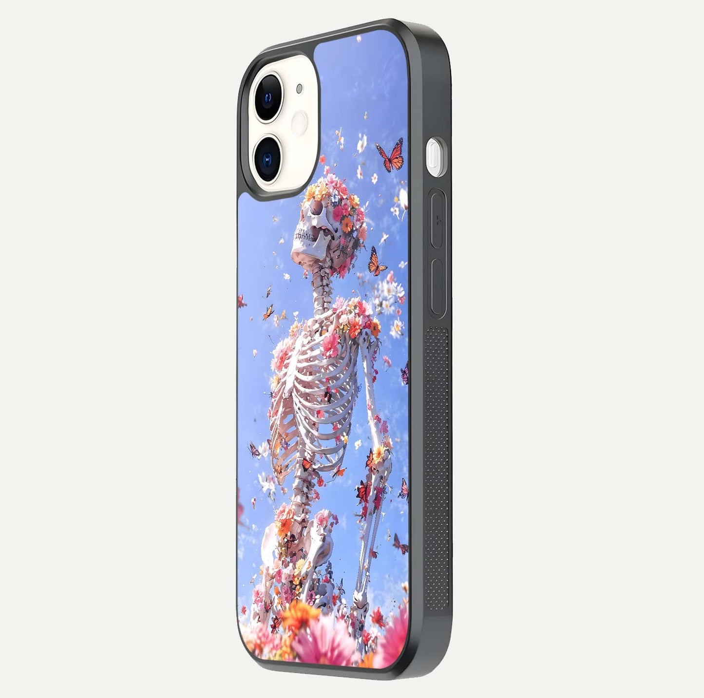 Bloom Beyond Bones Glass Case for iPhone 16 Pro side-angle image highlighting print precision and gloss finish