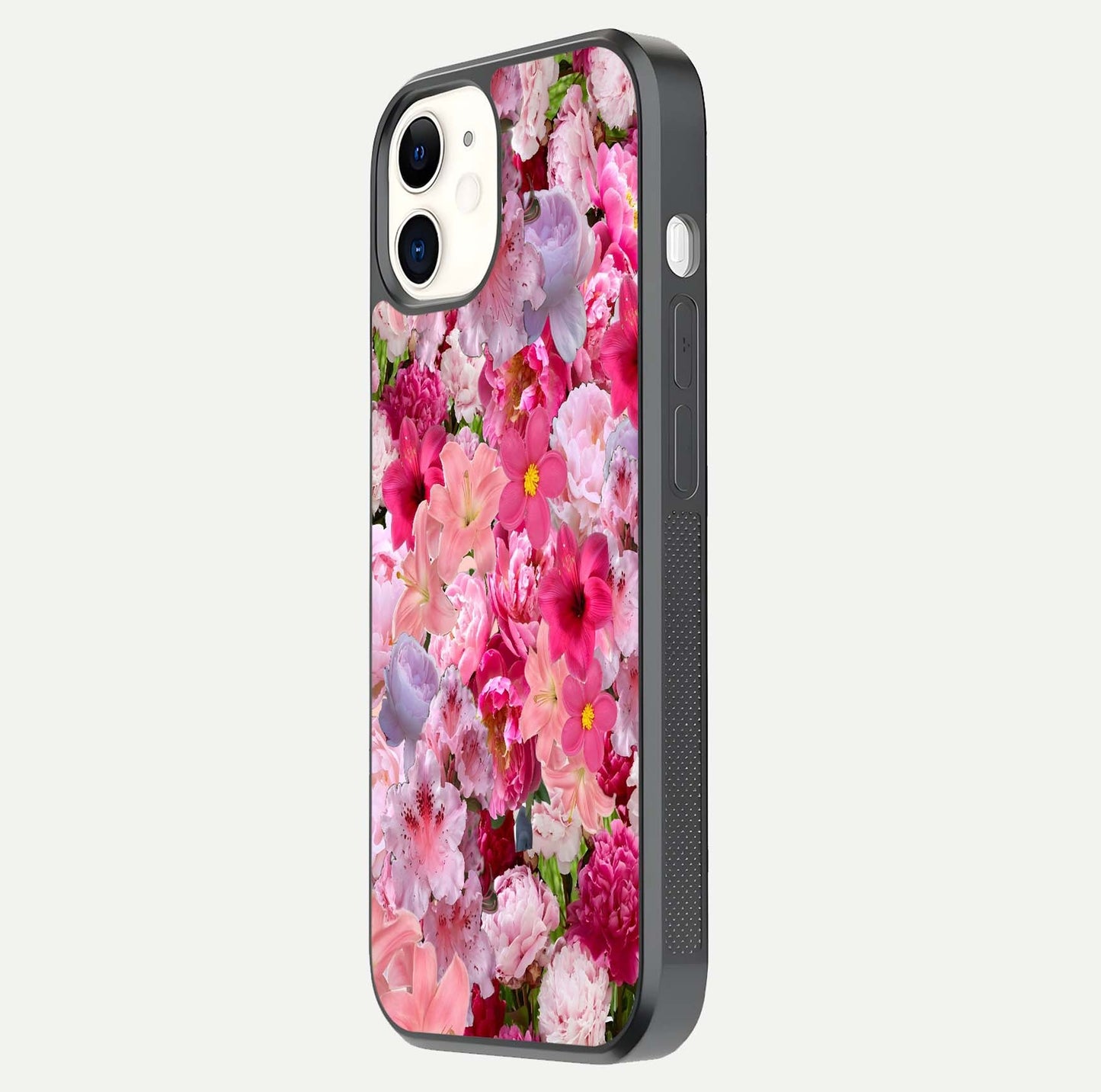 Bloom Crush Fantasy Glass Case for iphone-12 side-angle shot with fantasy bloom art and gloss surface