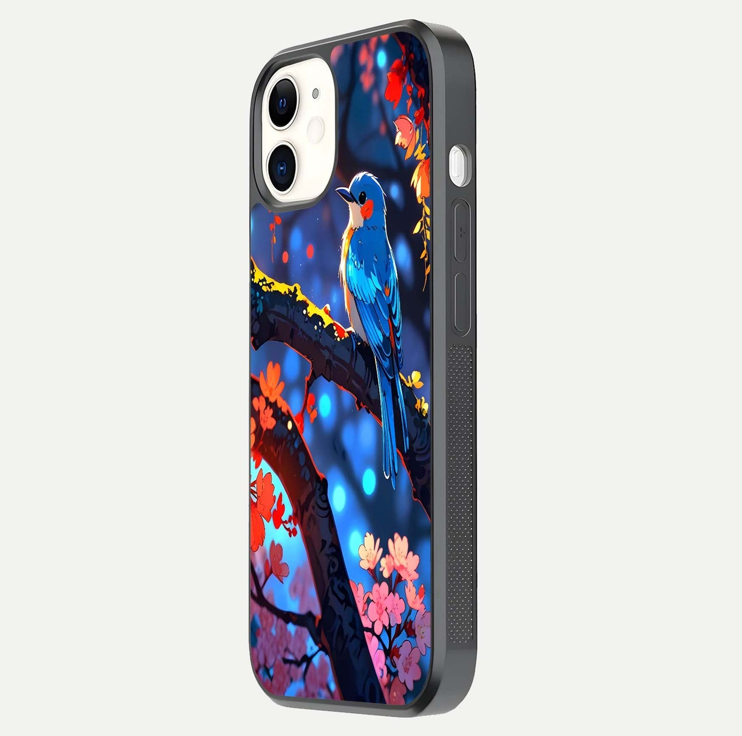 Blooming Spendor Bird Glass Case for iphone-12 side-angle photo showing floral wings and reflection finish