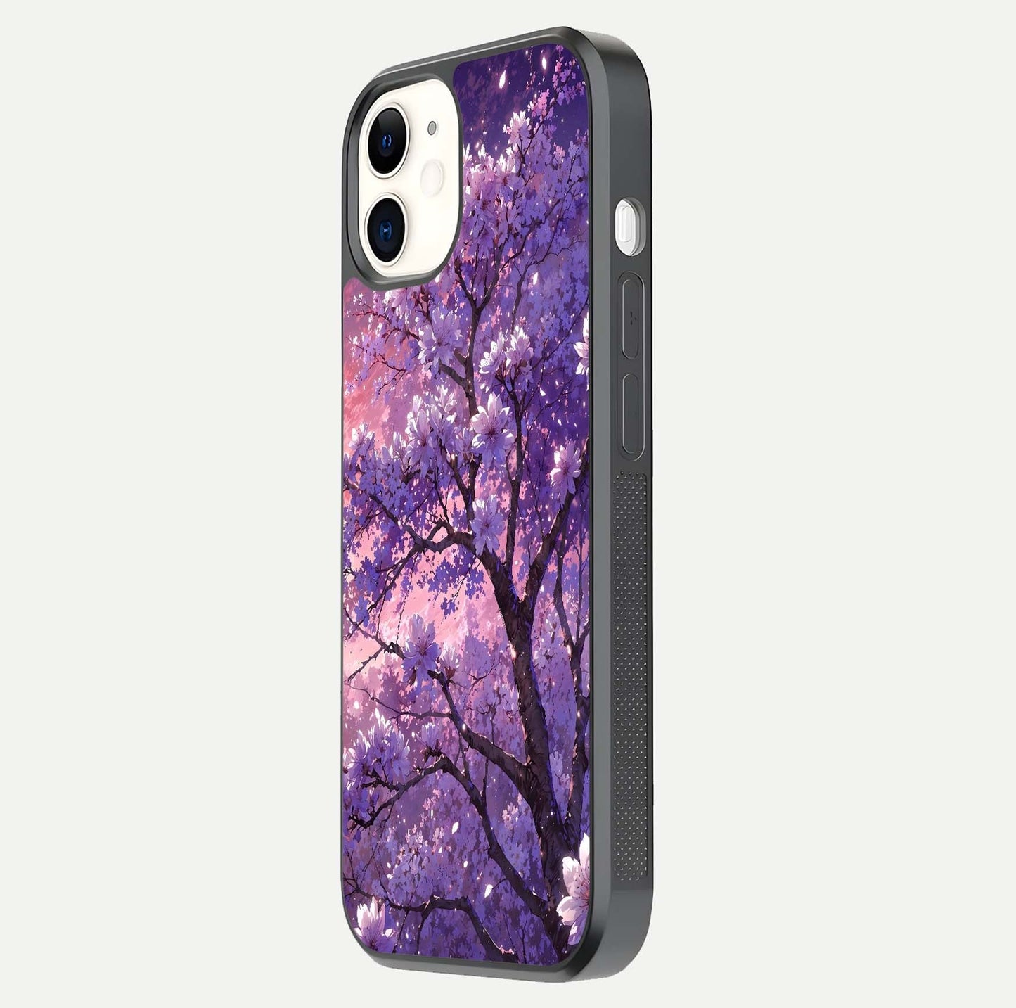 Blossom Tree Glass Case for iphone-12 side-angle image showing floral tree artwork and reflection gloss