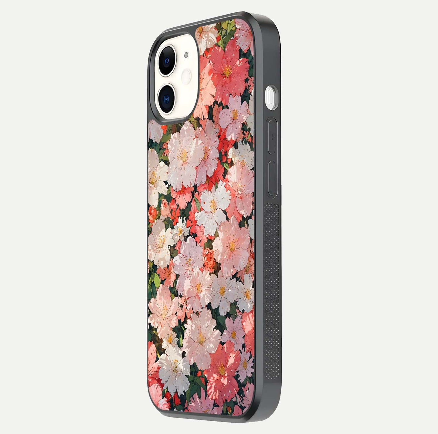 Blush Bloom Field Glass Case for iphone-12 side-angle image showing petal pattern gloss and smooth edges