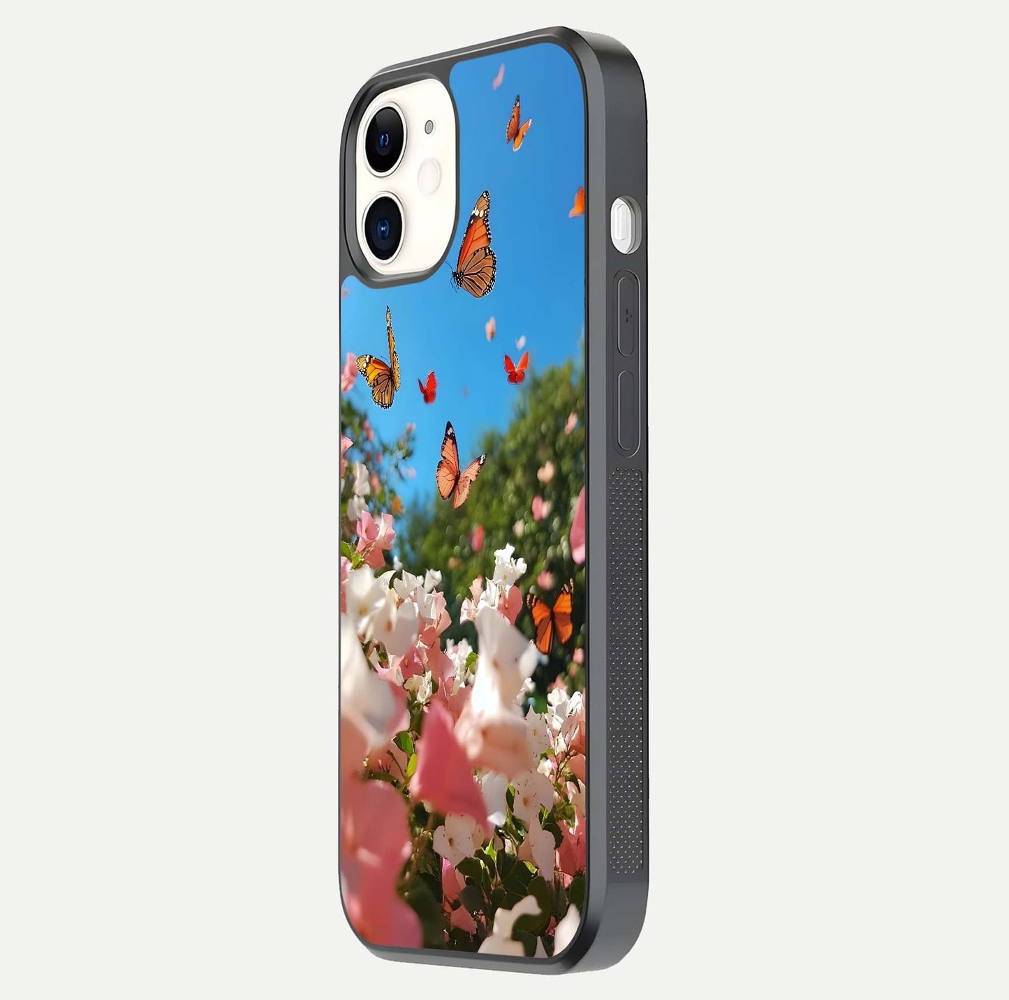 Butterflies in Bloom Sky Glass Case for iphone-12 side-angle image showing delicate details and gloss polish
