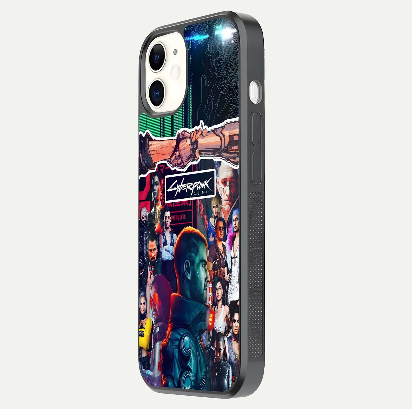 CYBERPUNK Legacy Glass Case for iphone-12 side-angle photo showing edge glow and reflective surface