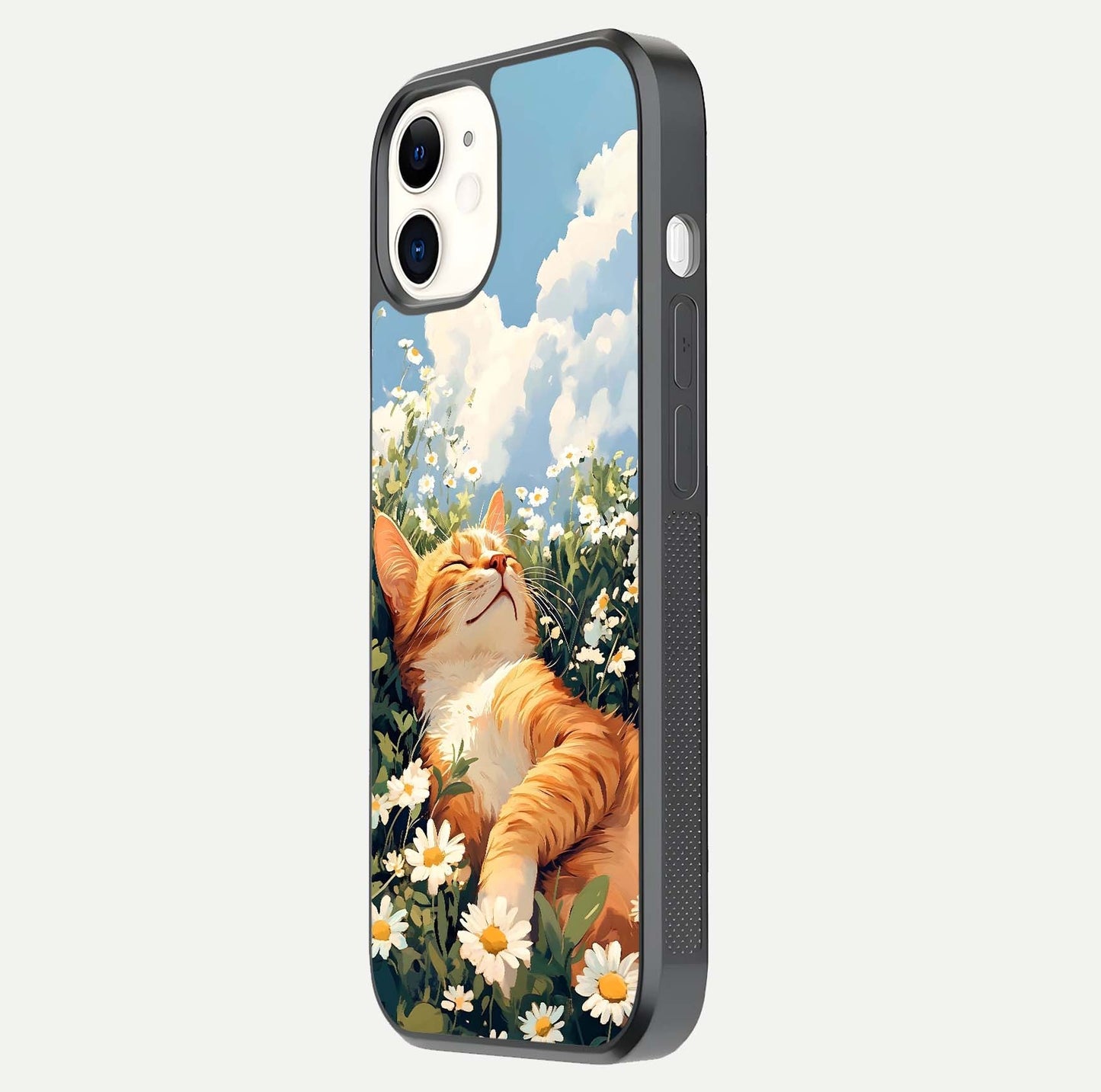 Cat & Flowers View Glass Case for iphone-12 side-angle image capturing cat print clarity and gloss tone