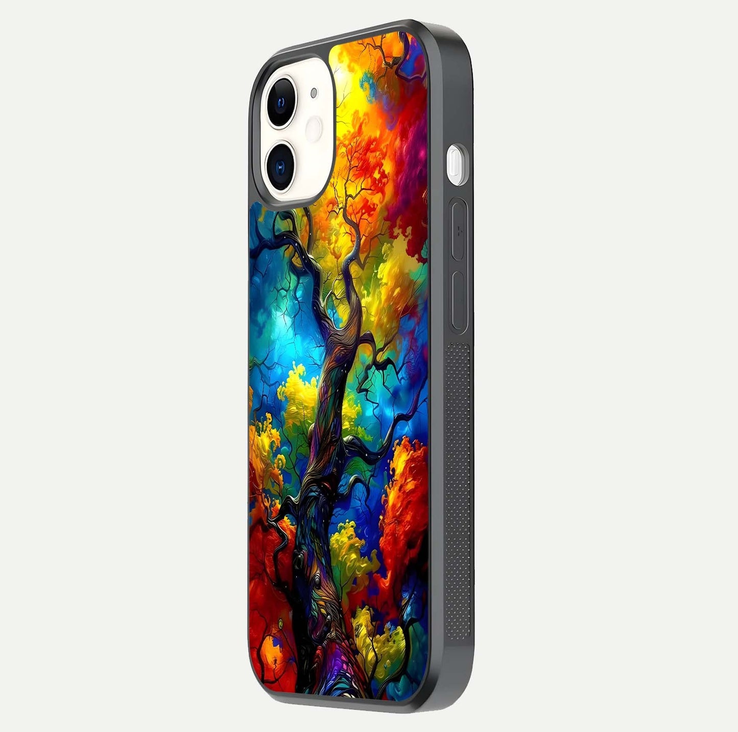 Colorful Tree Glass Case for iphone-12 side-angle image showing curve reflection and fine print texture
