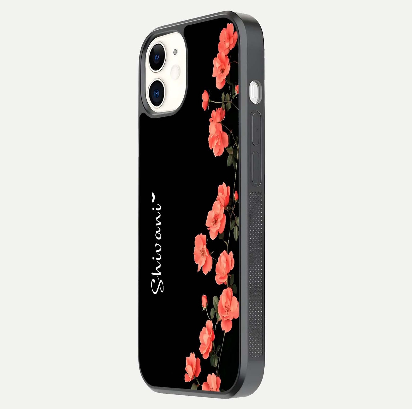 Crimson Bloom Grace Custom Name Glass Case for iphone-12 side-angle photo capturing edge glow and name clarity