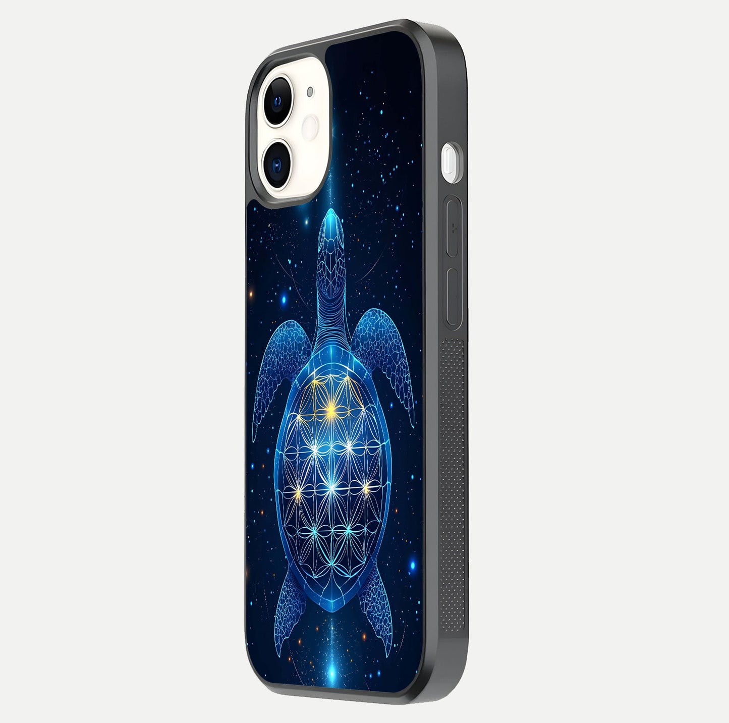 Crimson Blue Turtle Glass Case for iphone-12 side-angle photo showing curved edge and glass gloss