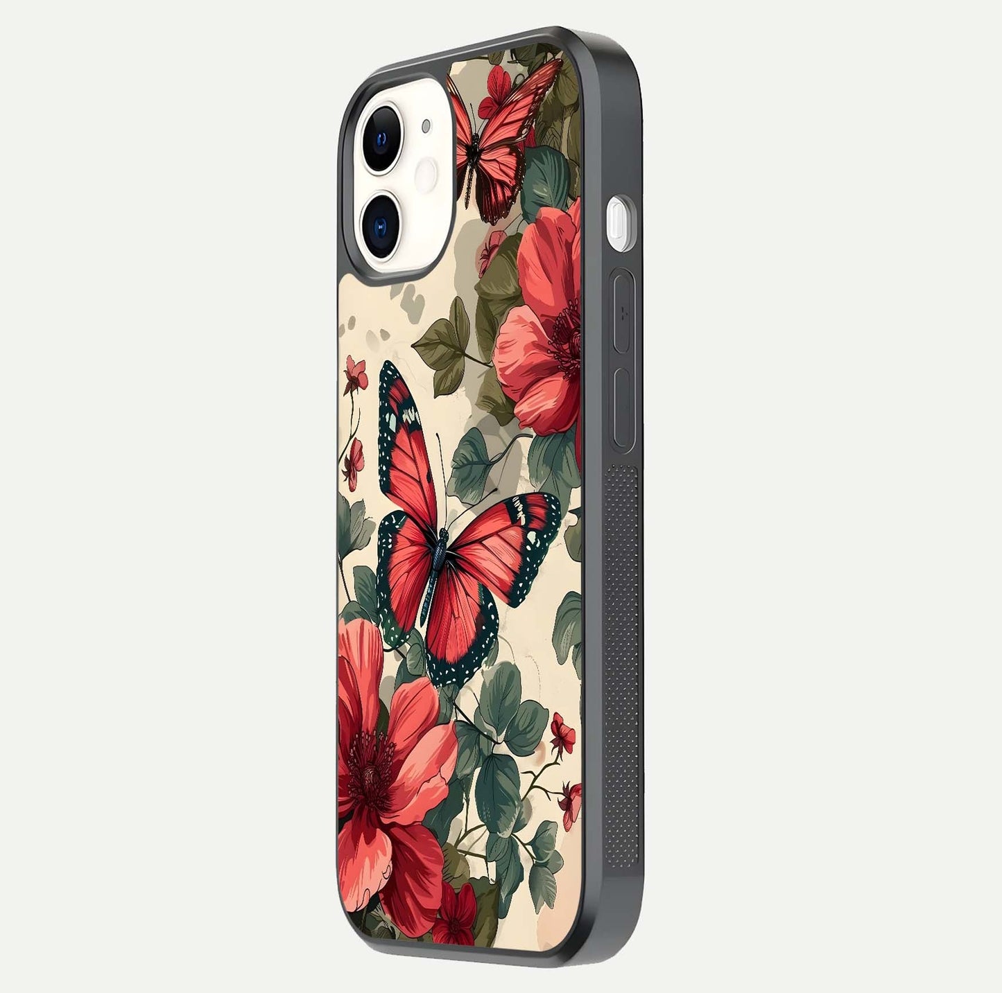 Crimson Butterfly Garden Glass Case for iphone-12 side-angle photo capturing gloss texture and soft tone