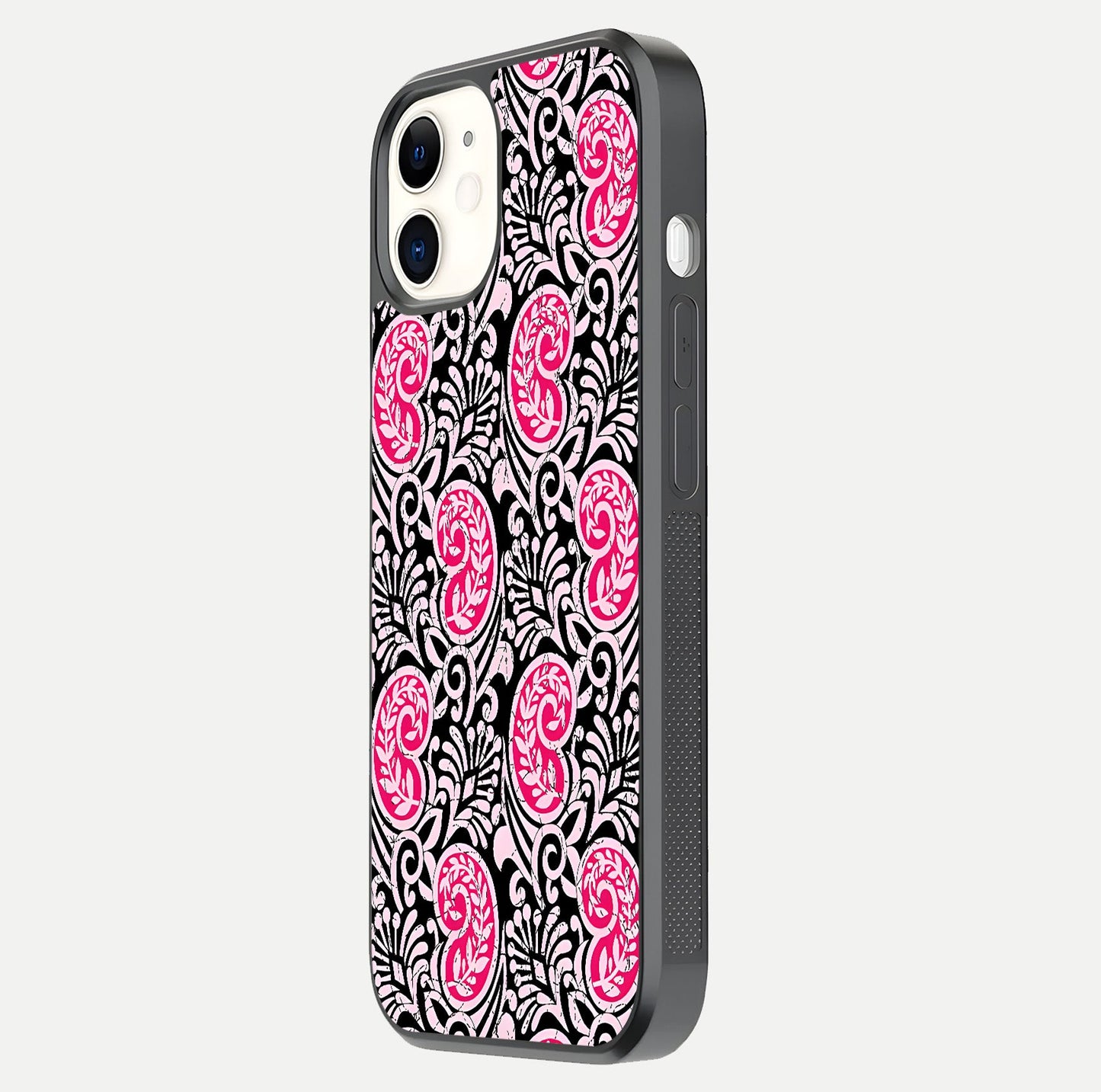 Crimson Paisley Charm Glass Case for iphone-12 side-angle image showing reflection and smooth edges