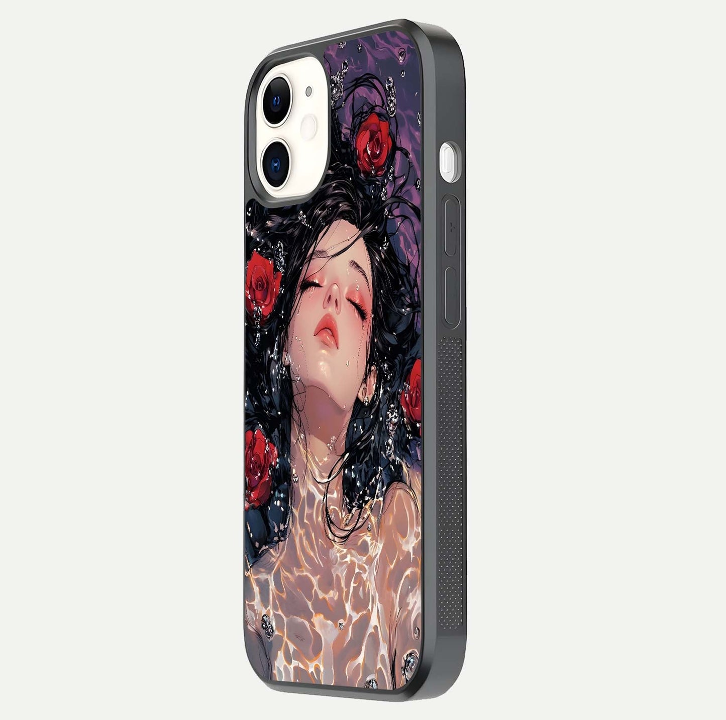 Crimson Rose Serenity Glass Case for iphone-12 side-angle photo showing glass reflection and soft edges
