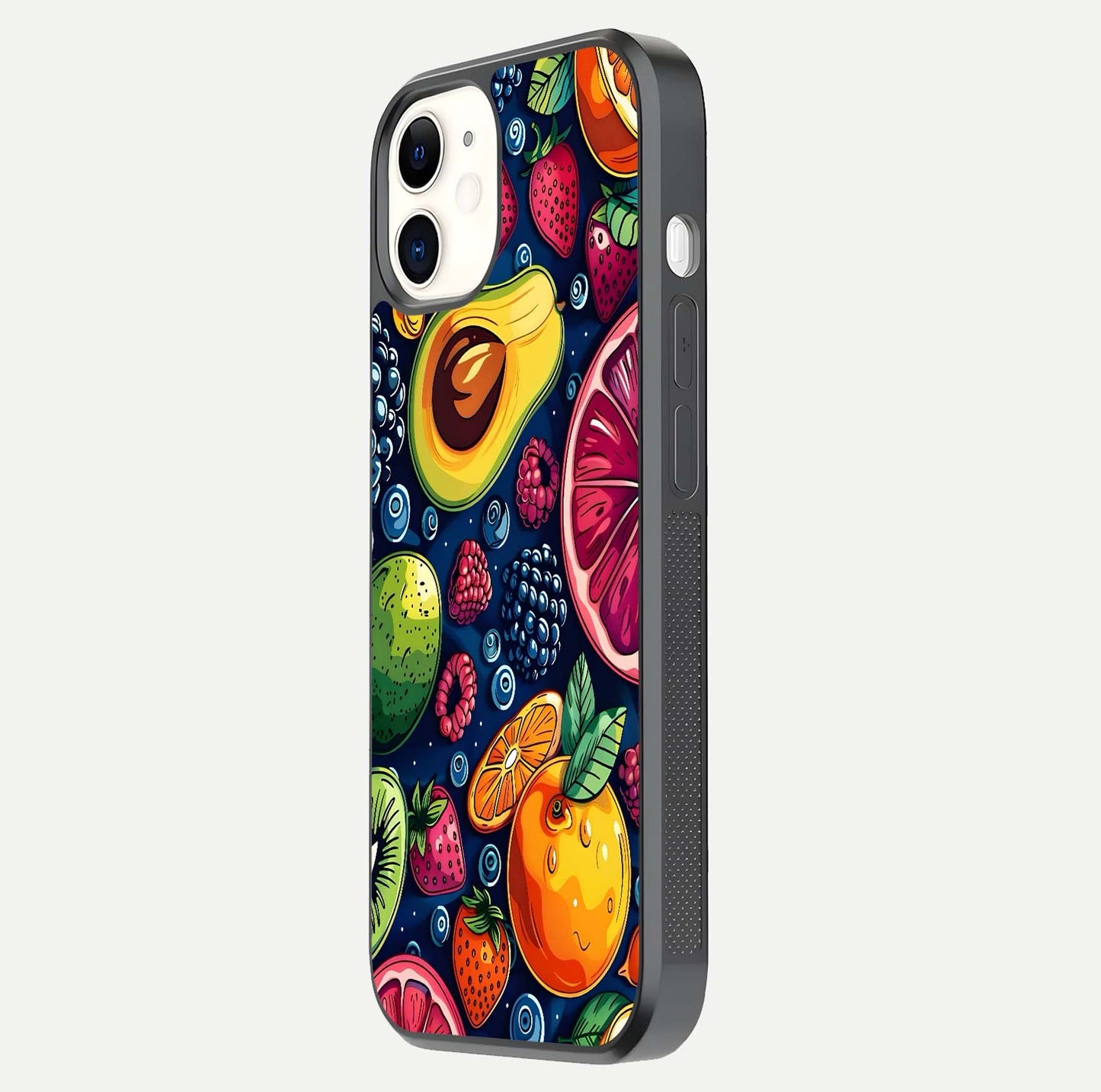 Cute Fruits Art Glass Case for iphone-12 side-angle photo showing reflective finish and smooth edges