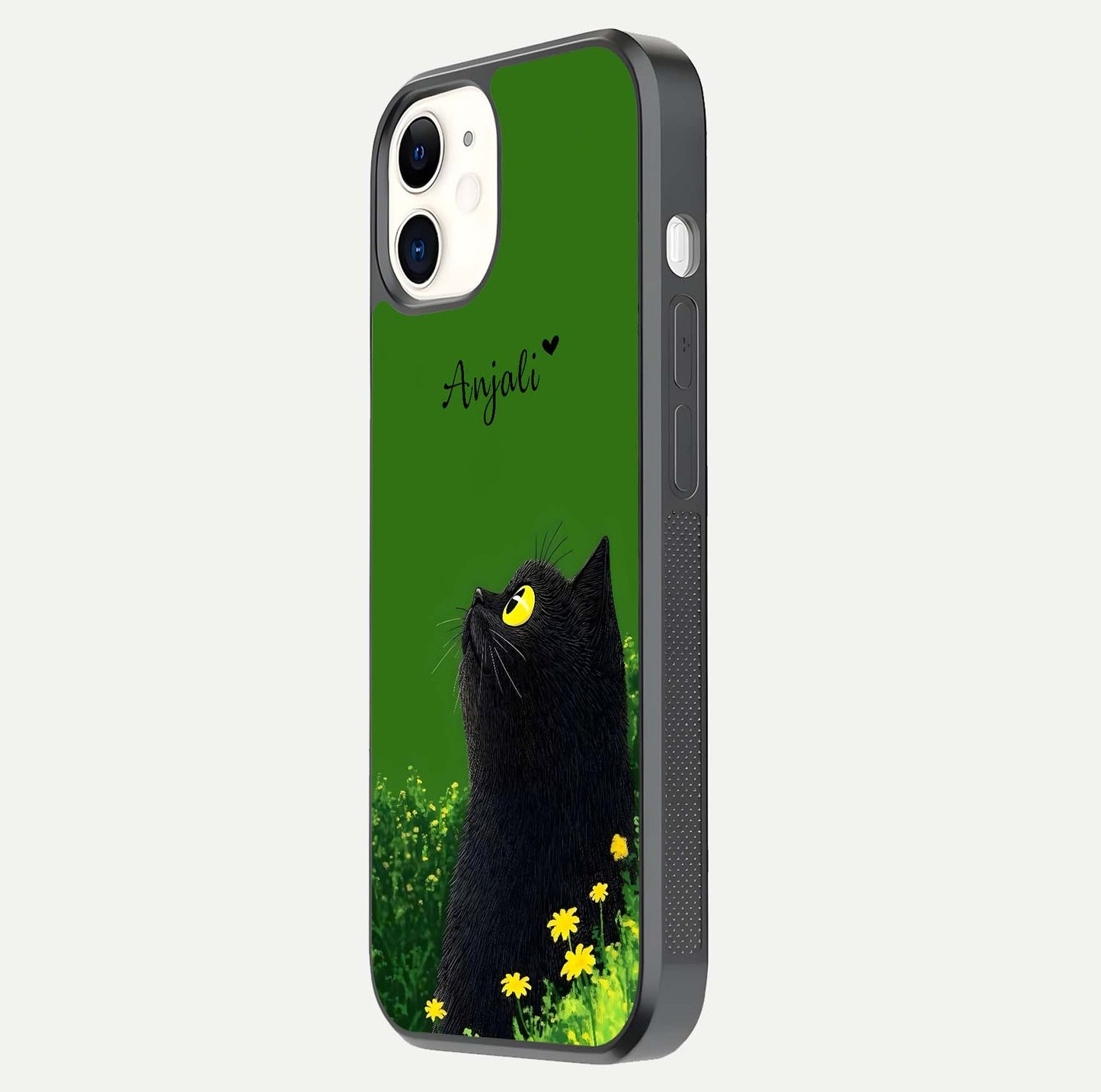 Emerald Cat Custom Name Glass Case for iphone-12 side-angle photo showing name clarity and glass reflection