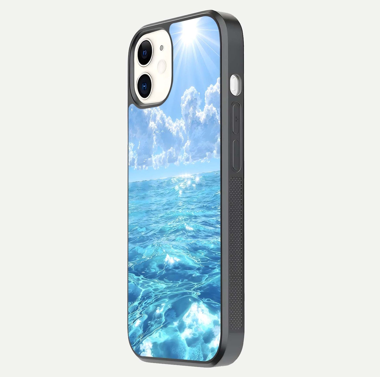 Endless Ocean Horizon Glass Case for iphone-12 side-angle photo showing reflection glow and wave tone