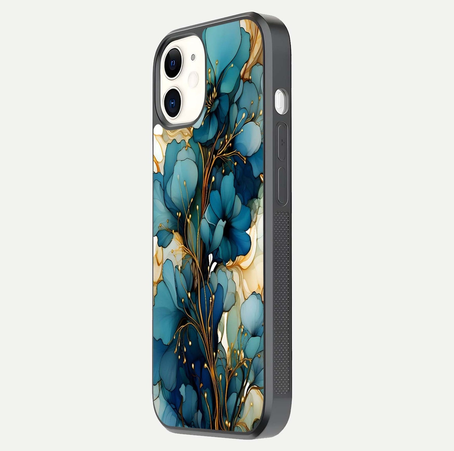 Golden Bloom Symphony Glass Case for iphone-12 side-angle image showing golden glow, light reflection, and premium surface