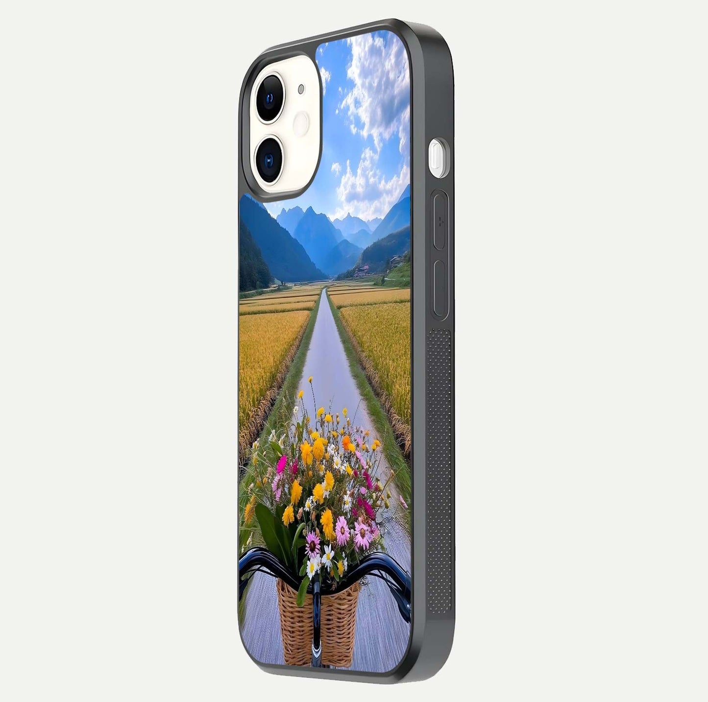Golden Field Journey Glass Case for iphone-12 side-angle image showing golden glow, reflection shine, and curved edge