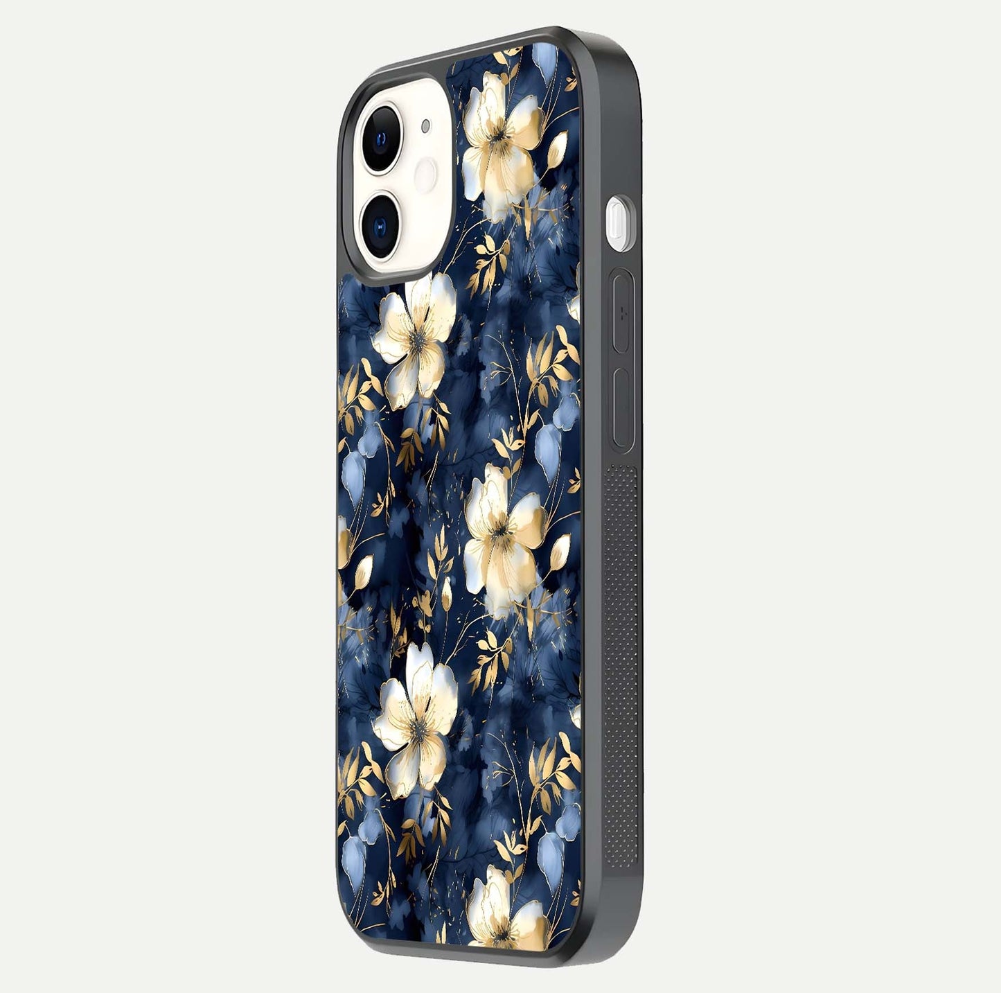 Golden Midnight Bloom Glass Case for iphone-12 side-angle image showing shine depth and elegant edge design