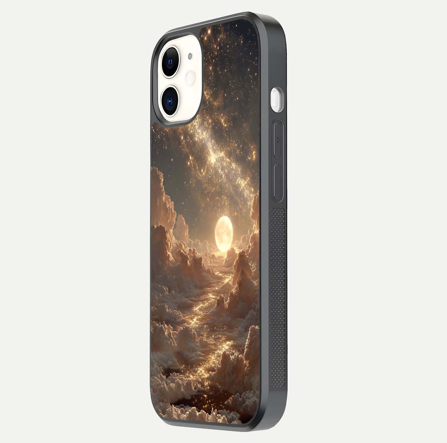 Golden Sky Dream Glass Case for iphone-12 side-angle image showing reflection shine and smooth surface