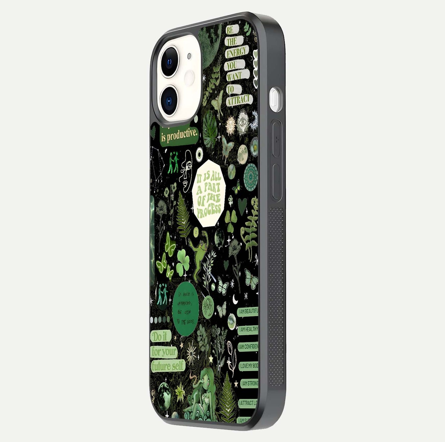 Green Moon Energy Glass Case for iphone-12 side-angle image showing reflection brilliance and curved finish