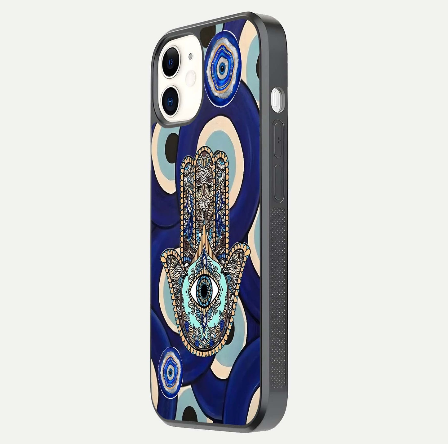 Hamsa Divine Guard Glass Case for iphone-12 side-angle image showing reflection brilliance and protective design