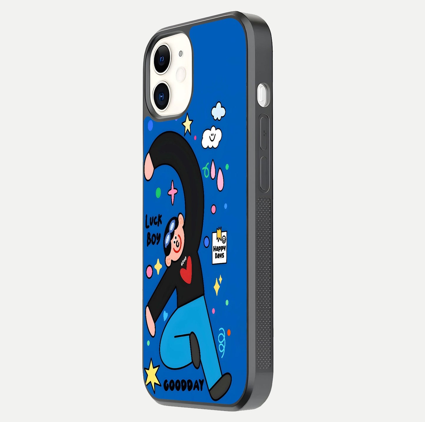 Happy Luck Vibe Glass Case for iphone-12 side-angle image showing reflection polish and vivid charm design