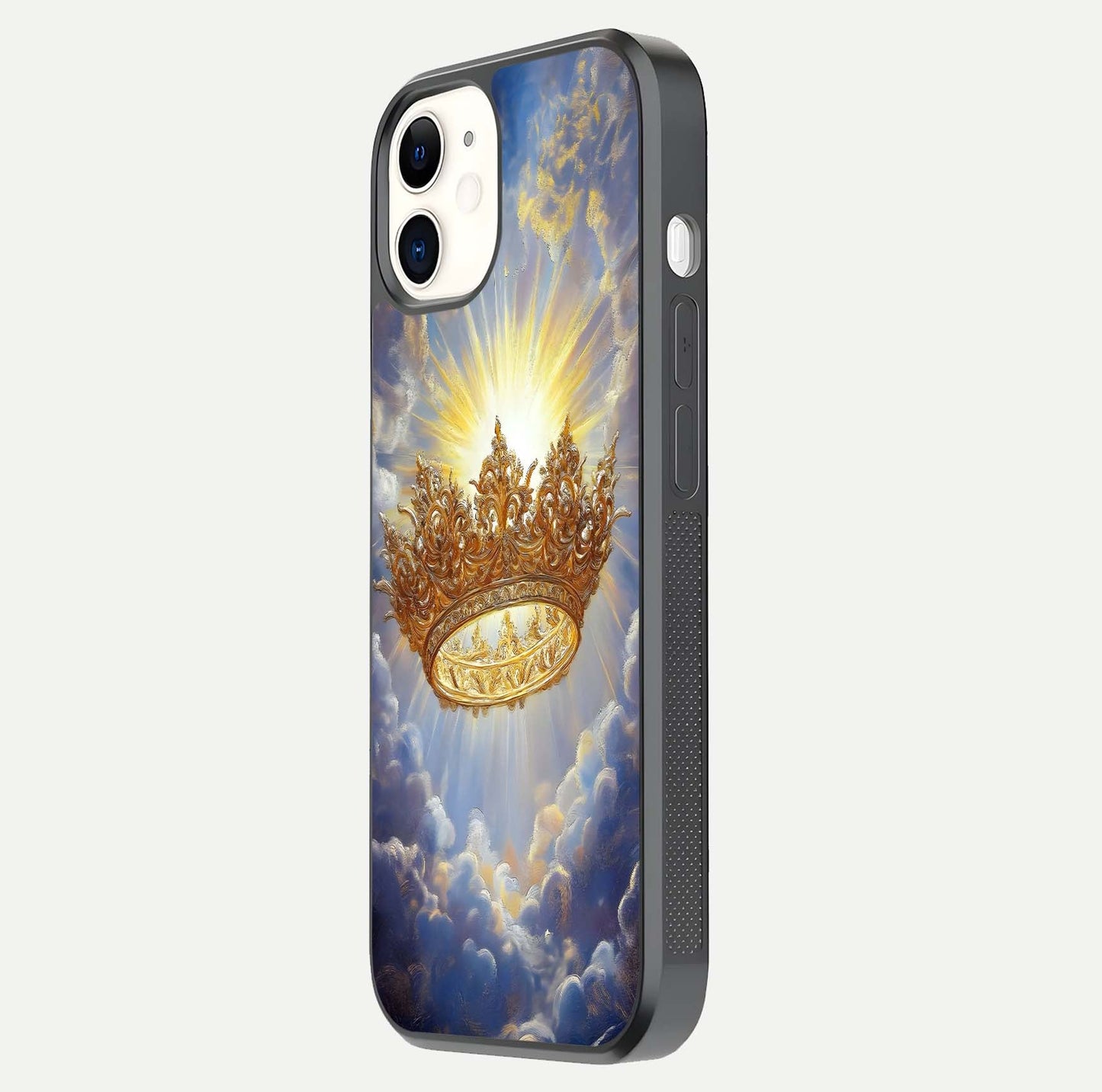 Heavenly Crown Light Glass Case for iphone-12 side-angle image showing reflection brilliance and elegant divine art