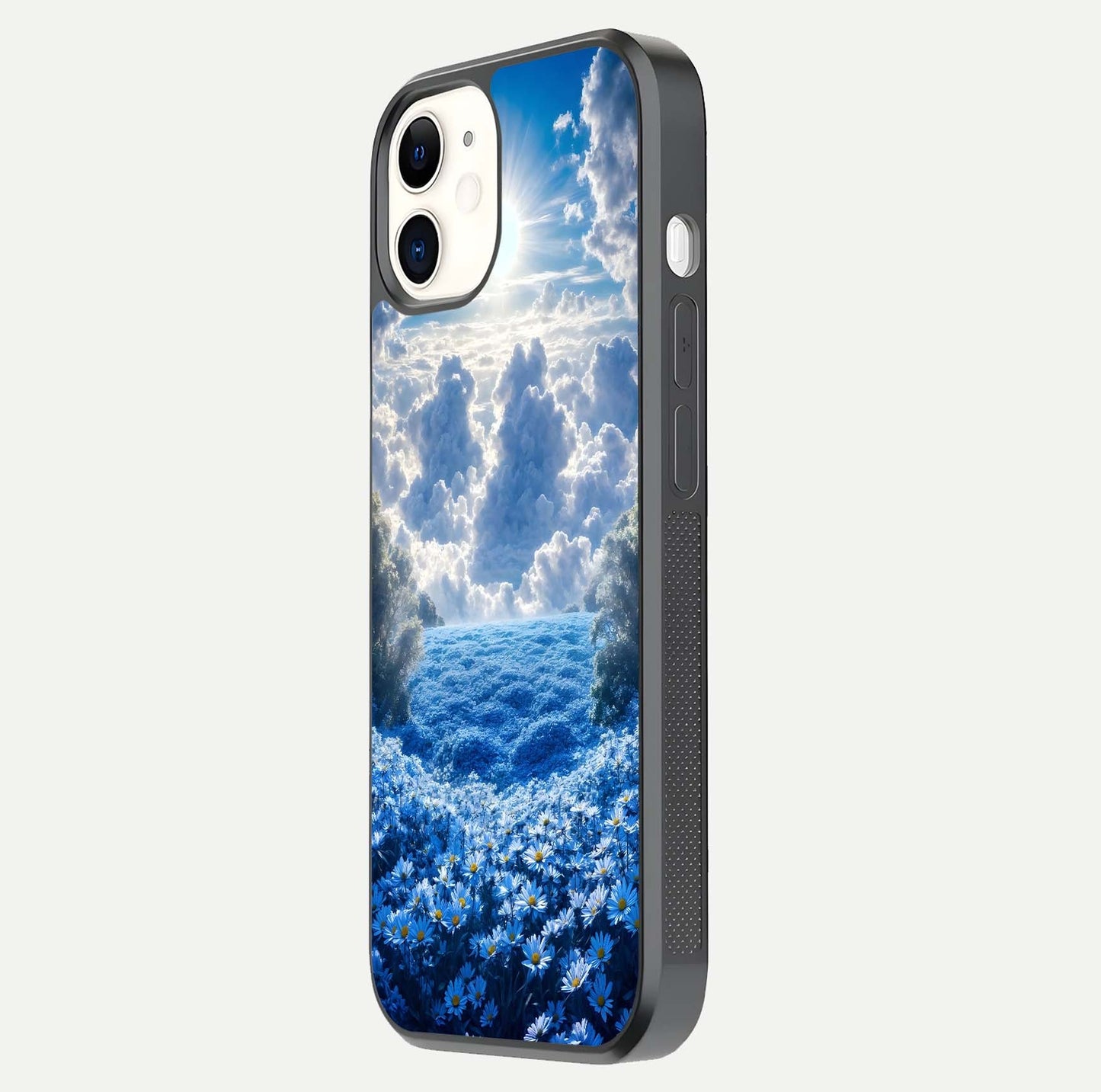 Heavenly Daisy Horizon Glass Case for iphone-12 side-angle image showing reflection depth and floral glow