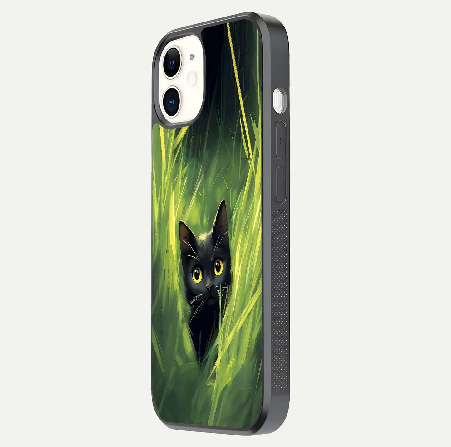 Hidden Cat Whisper Glass Case for iphone-12 side-angle image showing reflection glow and subtle artistic texture