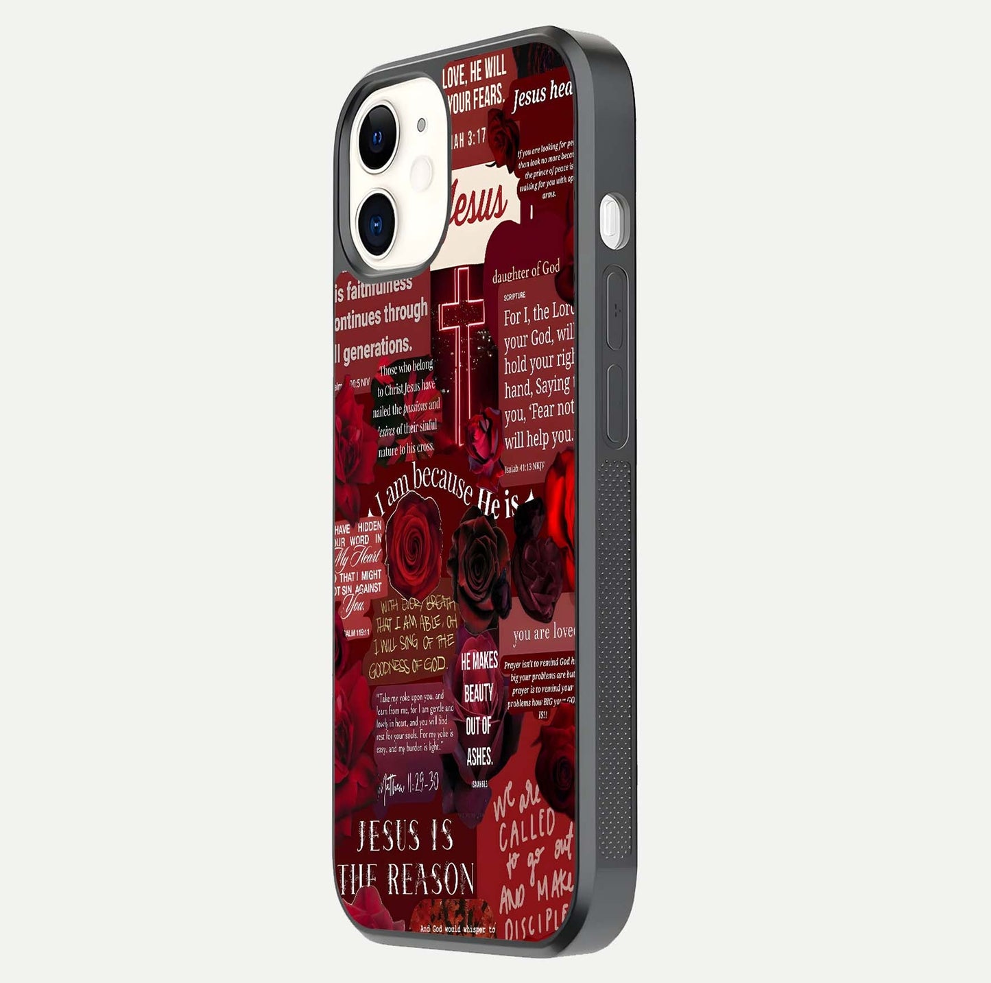 Jesus Love Heals Glass Case for iphone-12 side-angle image highlighting gloss depth and spiritual aura