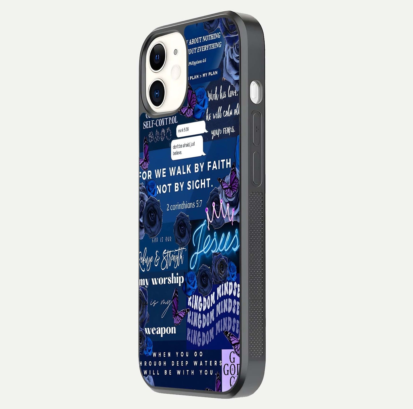 Kingdom Faith Glow Glass Case for iphone-12 side-angle image with reflective cross and faith glow