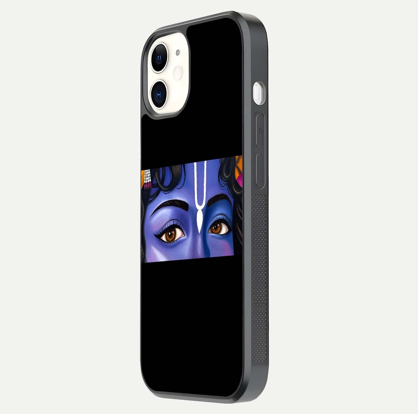 Krishna Eye Glass Case for iphone-12 side-angle image showing reflection clarity and Krishna symbol design