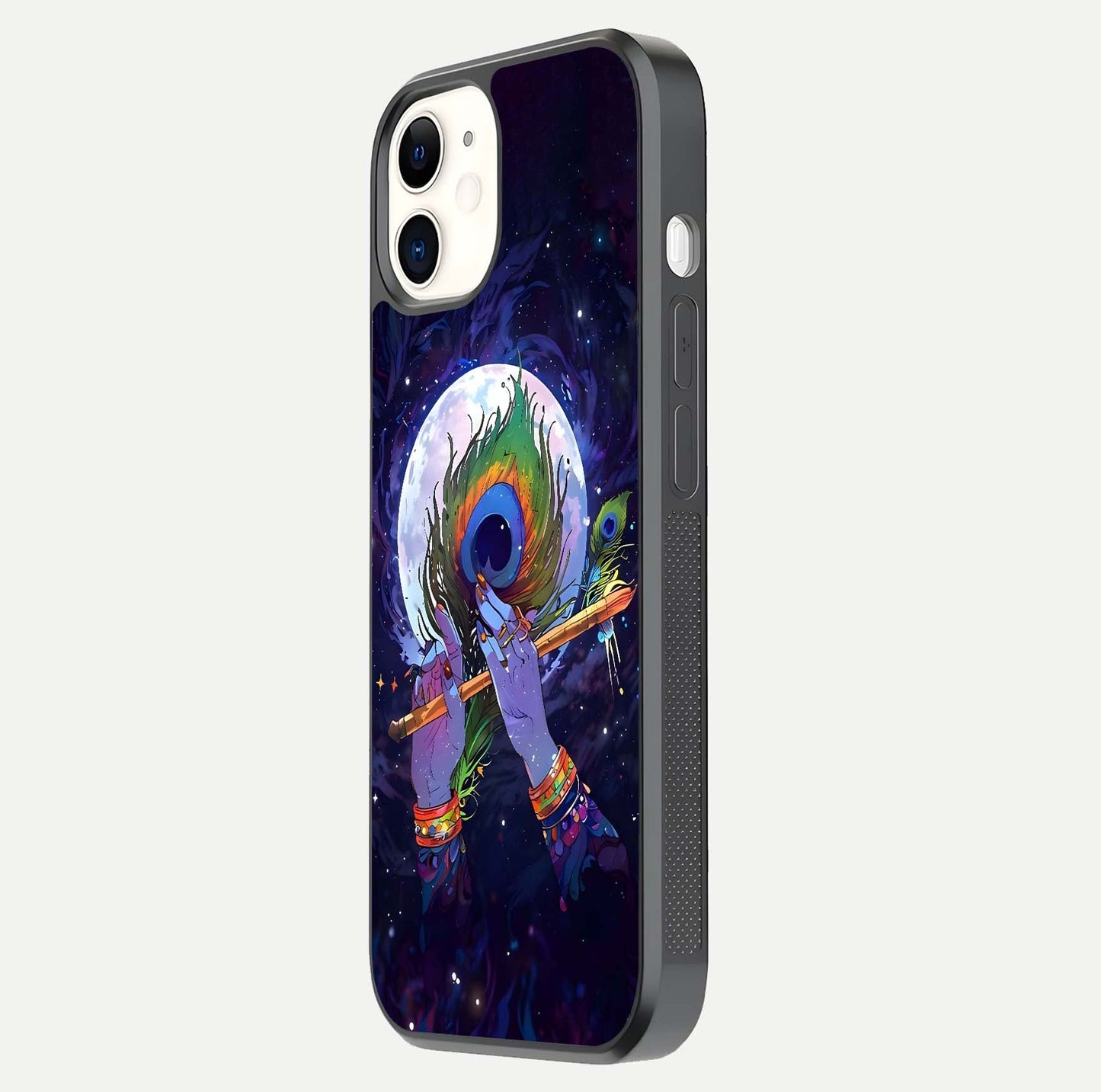 Krishna Hands Art Glass Case for iphone-12 side-angle image highlighting reflection brightness and vivid print