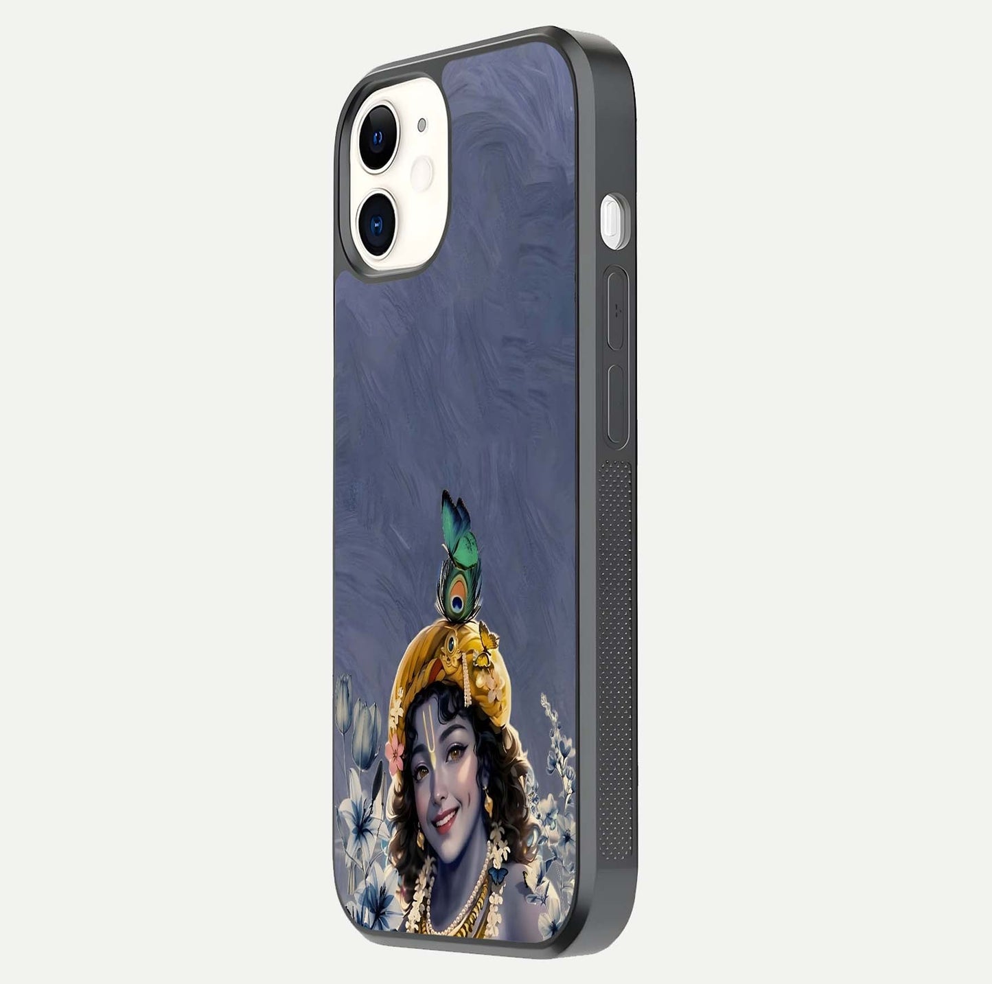 Lord Krishna Glass Case for iphone-12 side-angle image emphasizing premium reflection and sacred motif