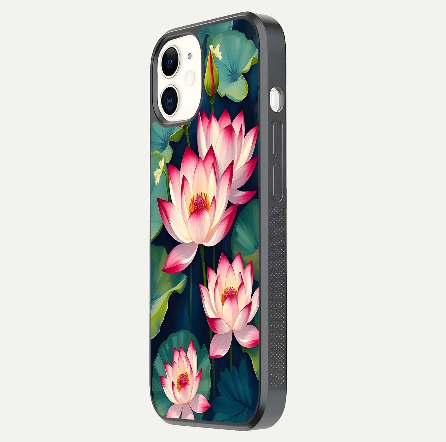 Lotus Dream Serenity Glass Case for iphone-12 side-angle image revealing reflection clarity and calm tones