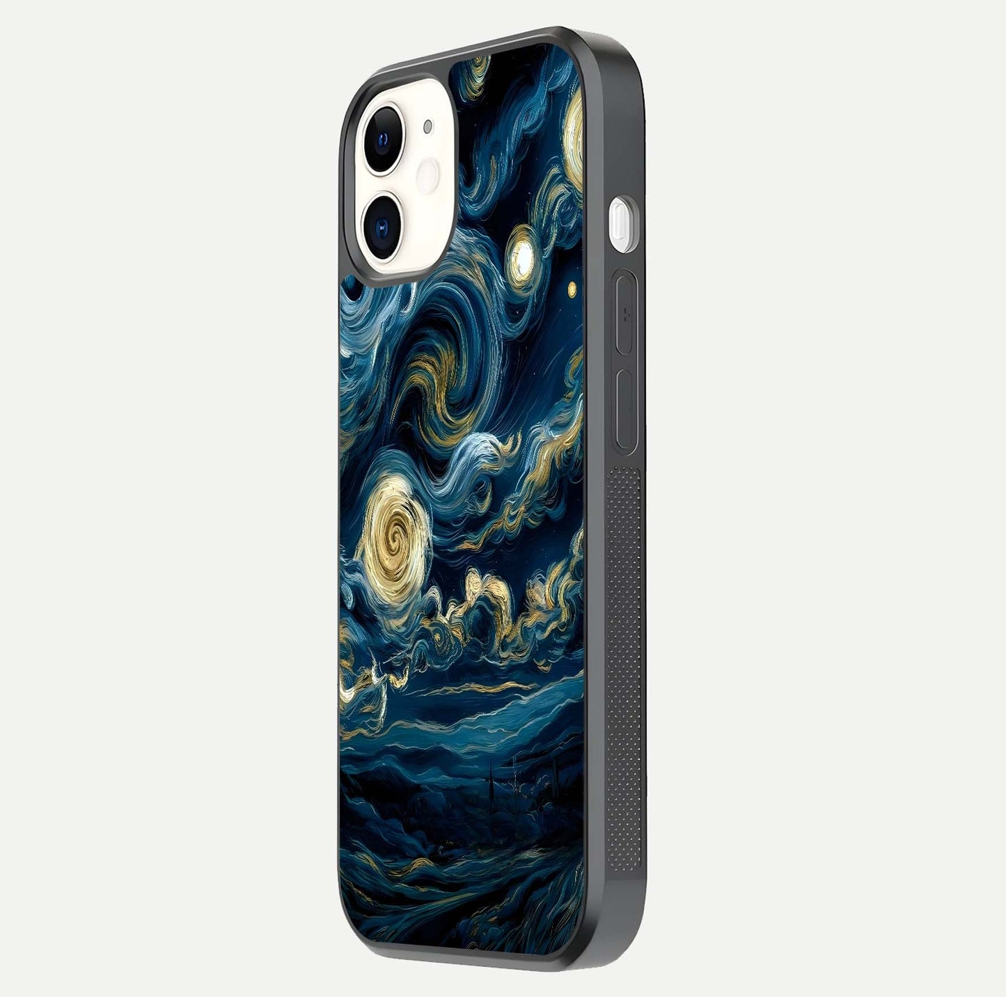 Midnight Sky Whirl Glass Case for iphone-12 side-angle image showing reflection depth and galaxy pattern