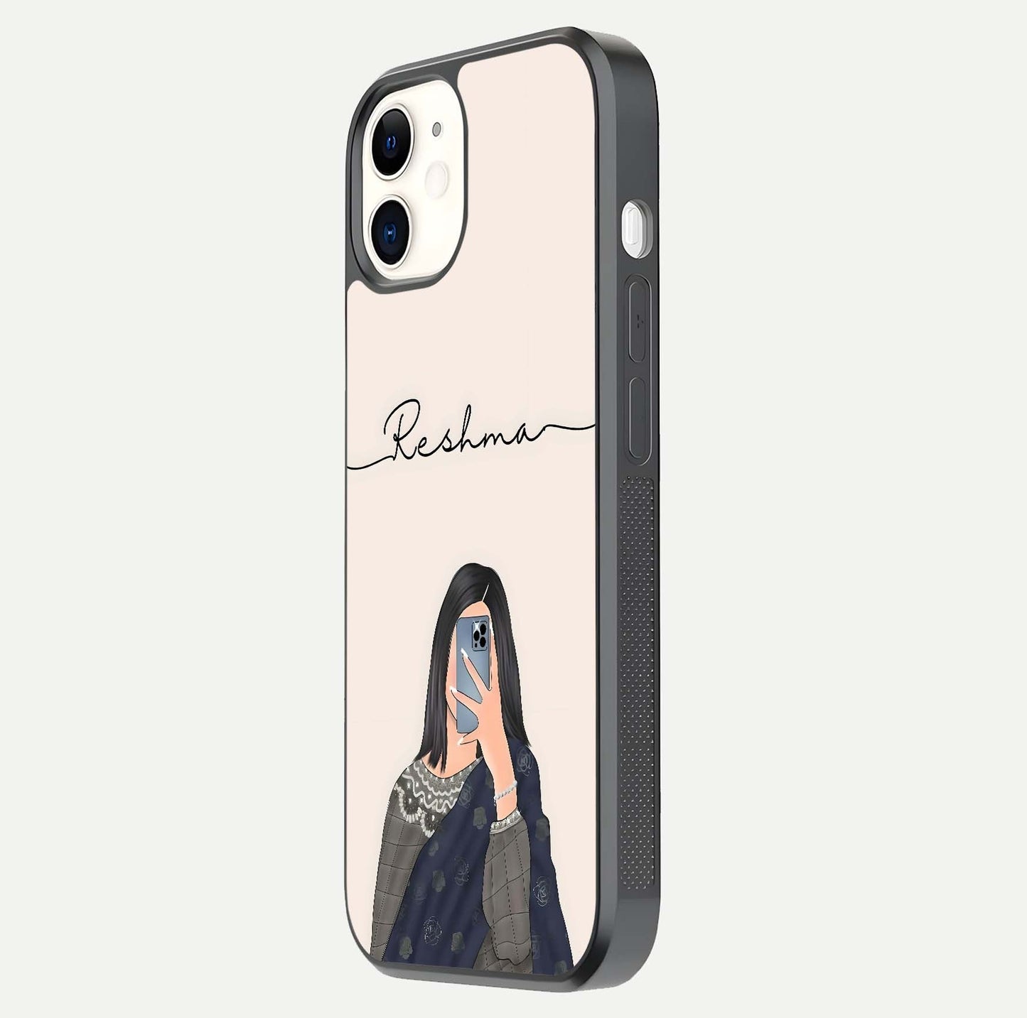 Mirror Mood Muse Custom Name Glass Case for iphone-12 side-angle image emphasizing glossy mirror texture
