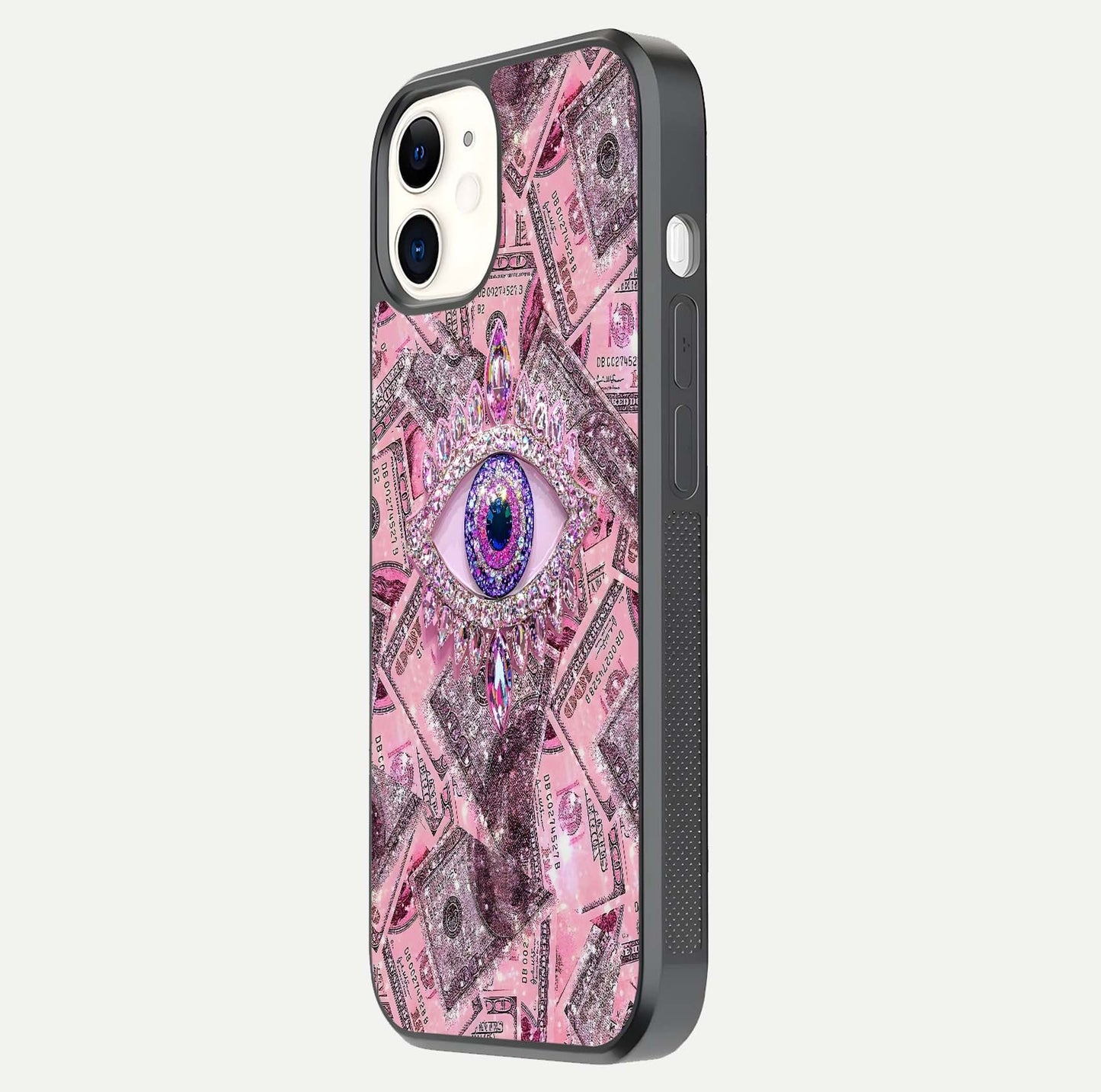 Money Eye Luxe Glass Case for iphone-12 side-angle image showing HD reflection and luxury print clarity