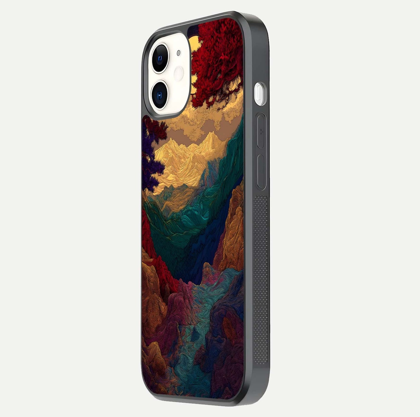 Mystic Valley Light Glass Case for iphone-12 side-angle image showing shine and peaceful hues