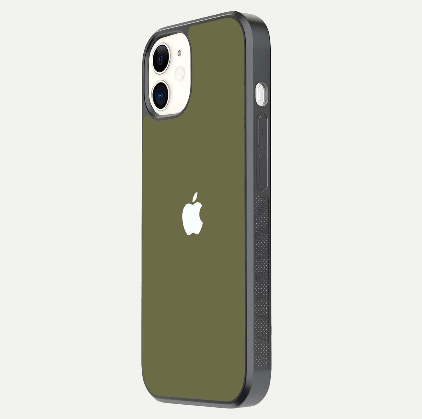 Olive Matte Essence Glass Case for iPhone 12 Mini side-angle image showing soft hue and elegant smooth surface