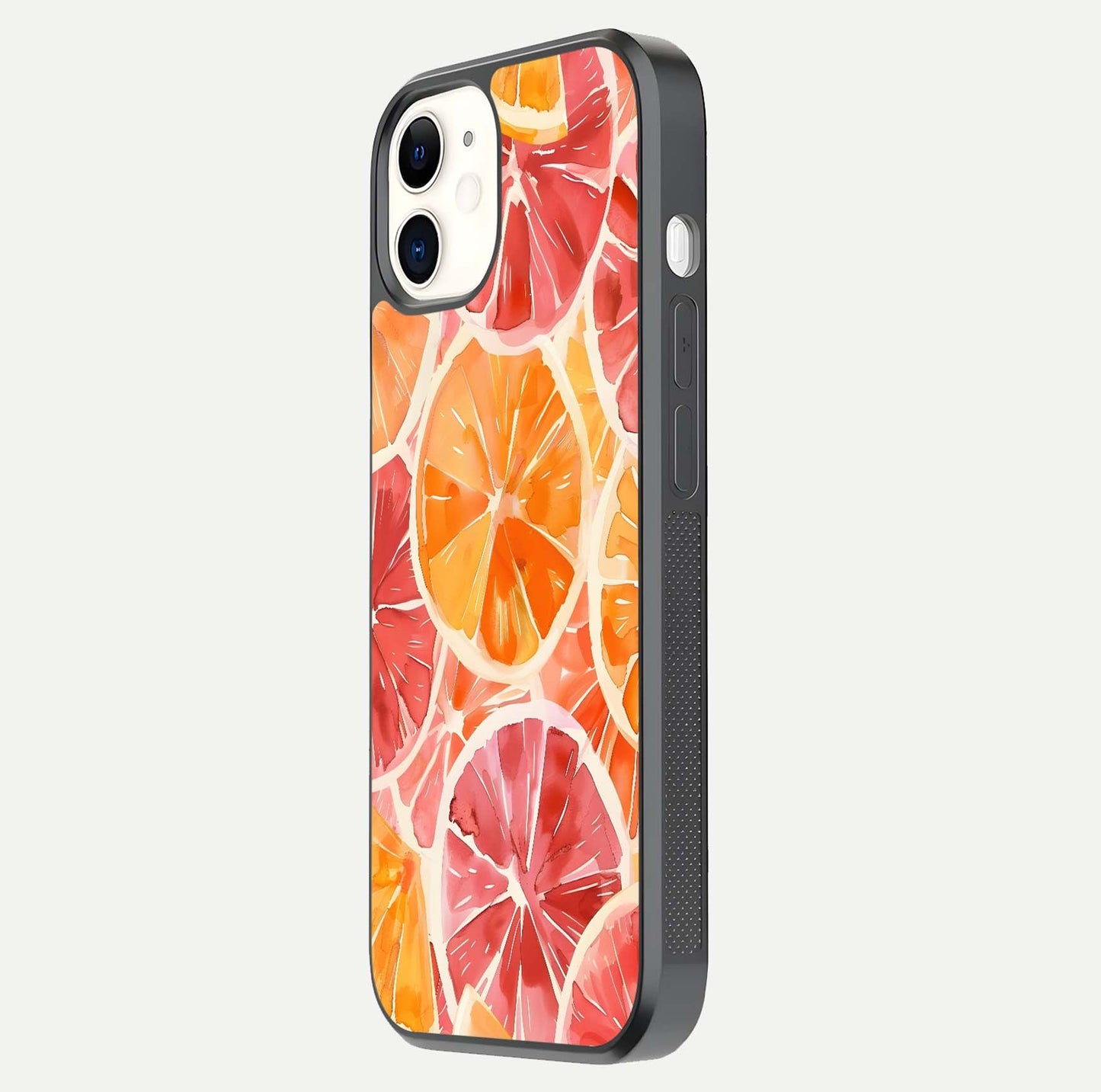 Orange Fruits Pattern Glass Case for iphone-12 side-angle image showing glossy shine and citrus pattern
