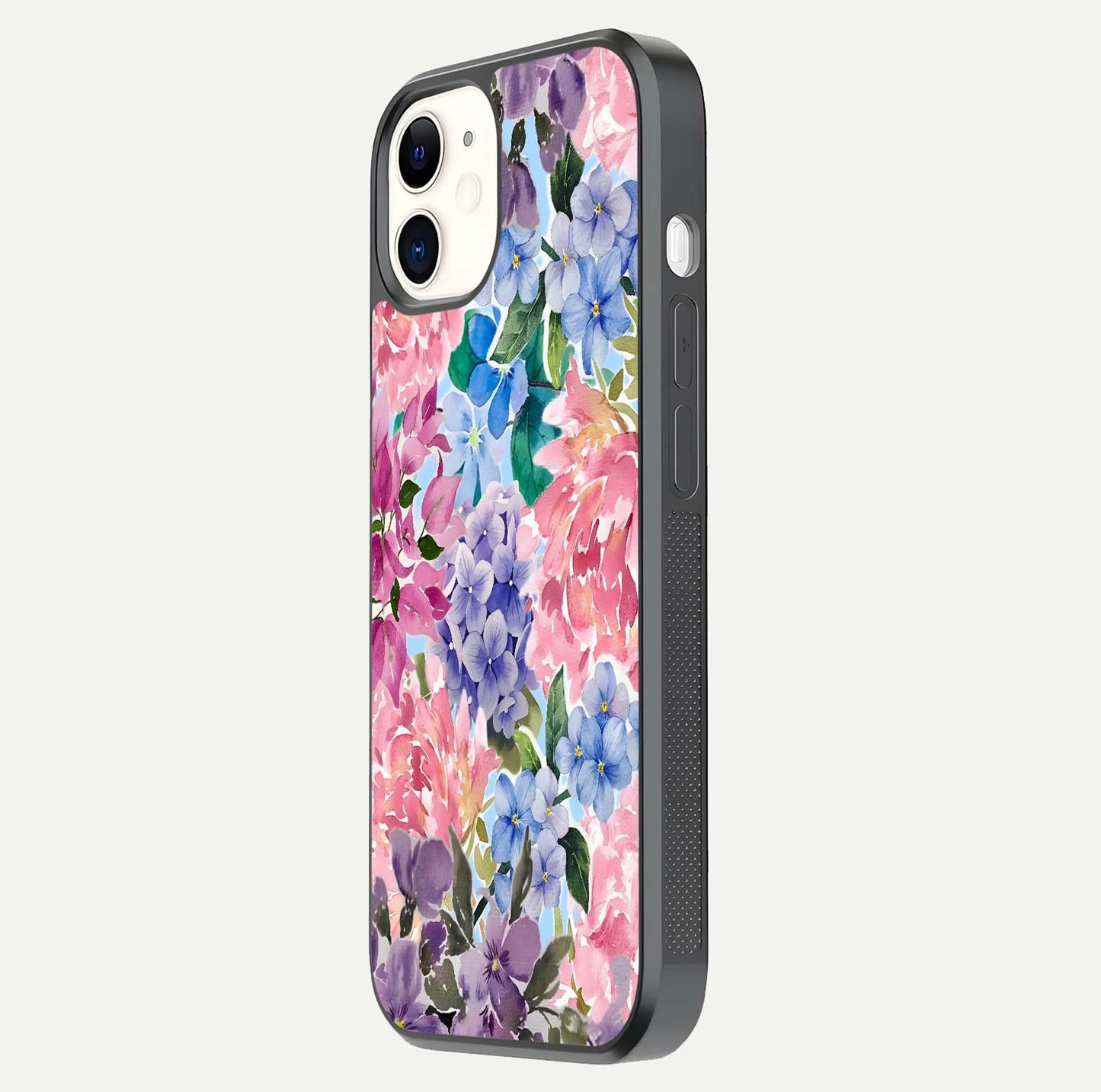 Pastel Floral Mix Glass Case for iphone-12 side-angle image showing reflection and delicate pastel hues