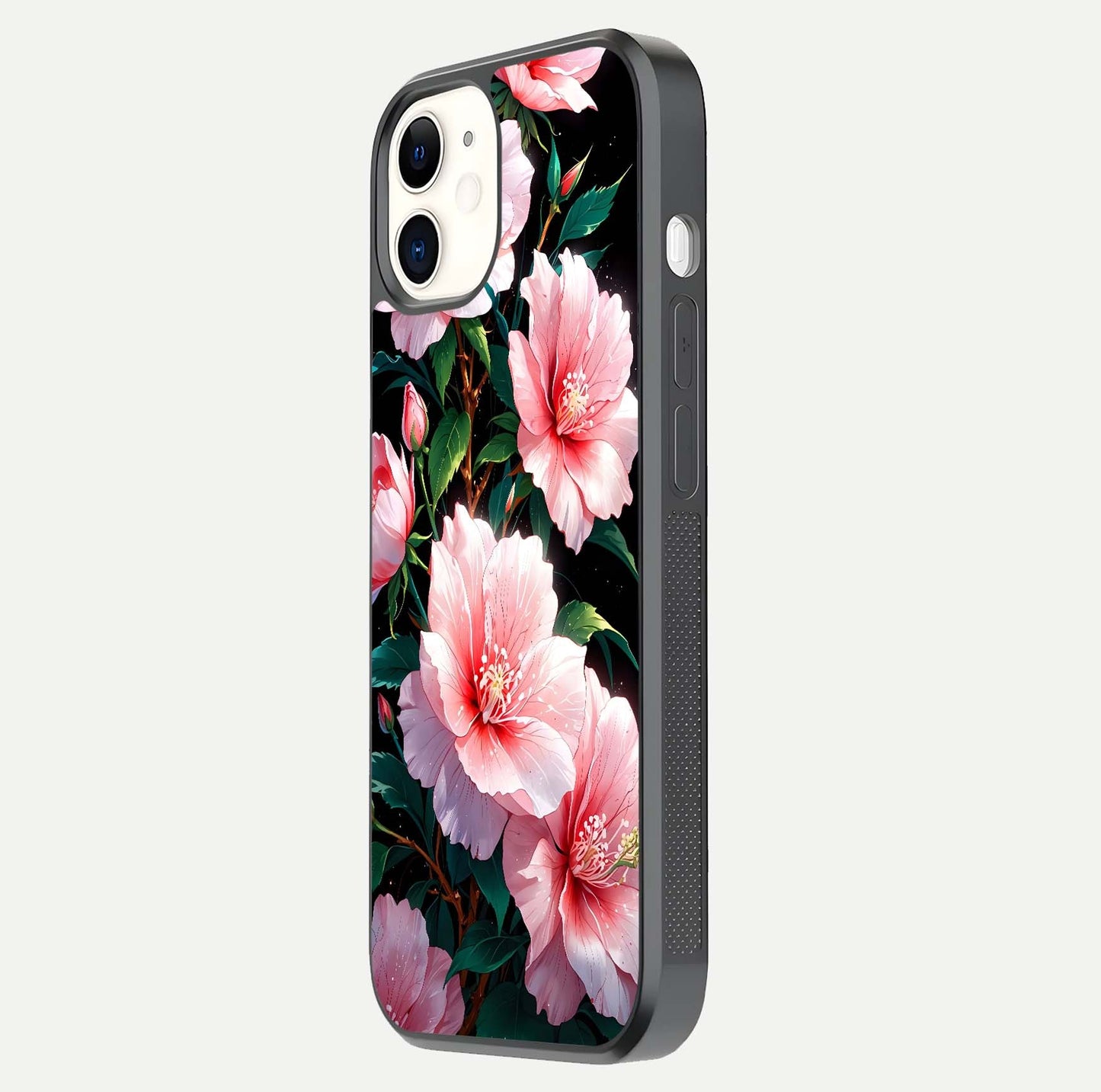 Peach Flower Glass Case for iphone-12 side-angle image showing gloss depth and peach blossom detail